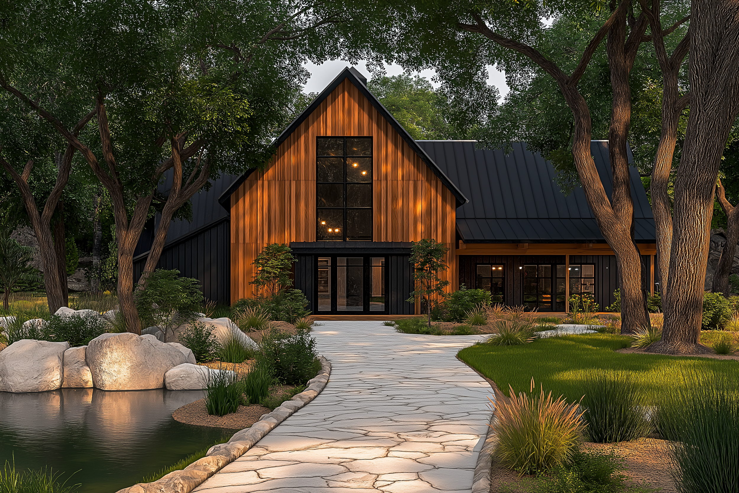 Barndominium with wood and black metal exterior, surrounded by lush landscaping and a serene stone pathway leading to a reflective pond.