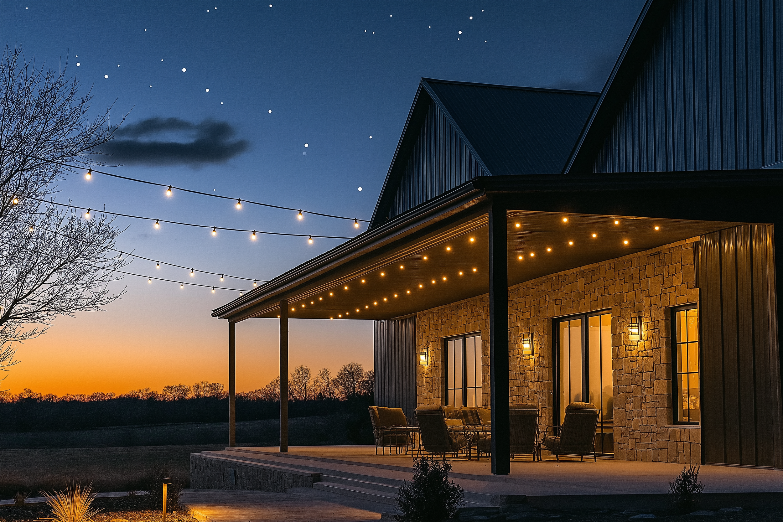 Barndominium exterior with a covered patio, stone facade, and charming string lights under a starry night sky.