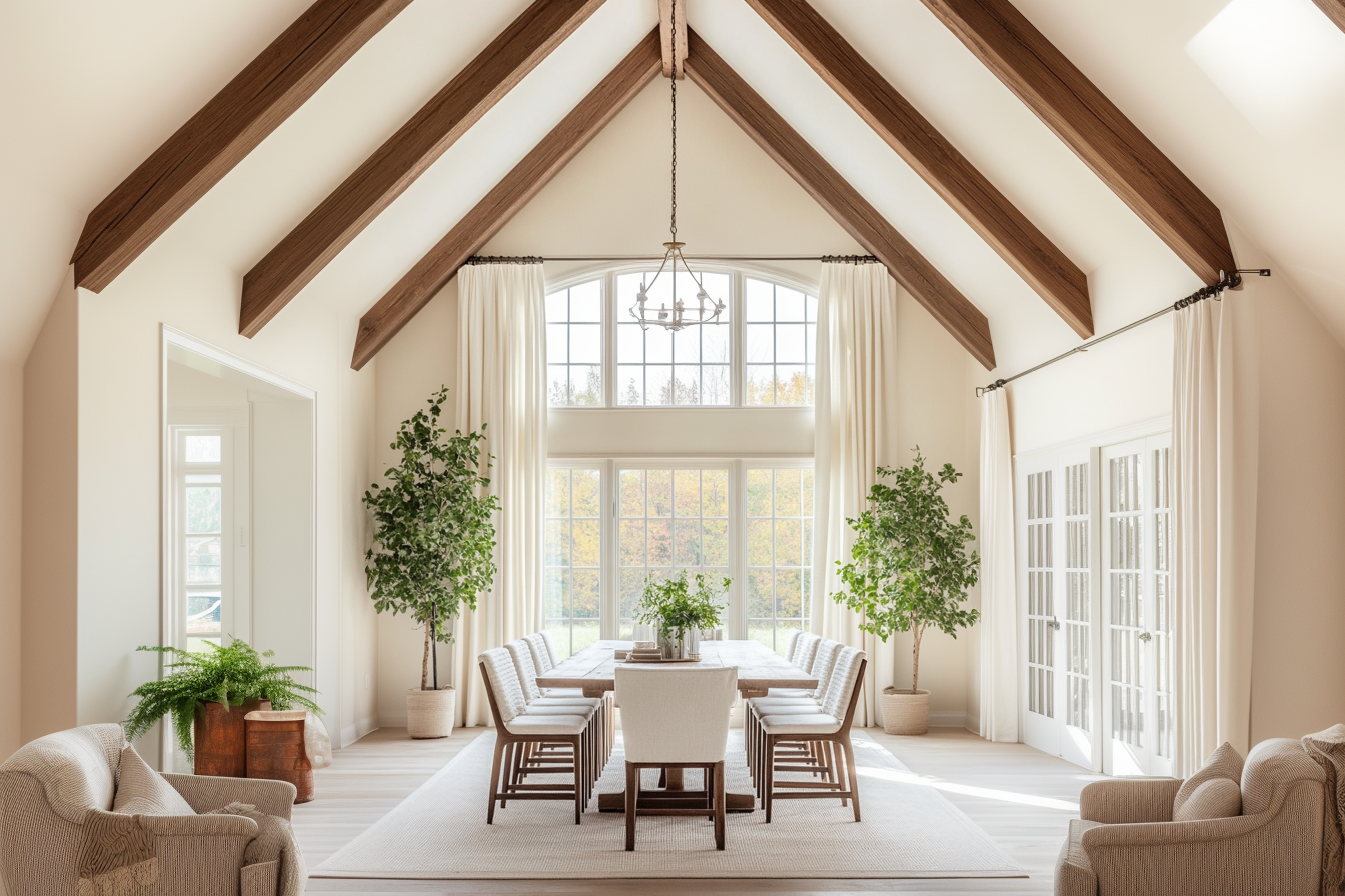 Elegant barndominium dining room with cathedral ceiling, exposed wood beams, arched transom window, and long wood dining table surrounded by neutral slipcovered chairs and potted indoor trees.