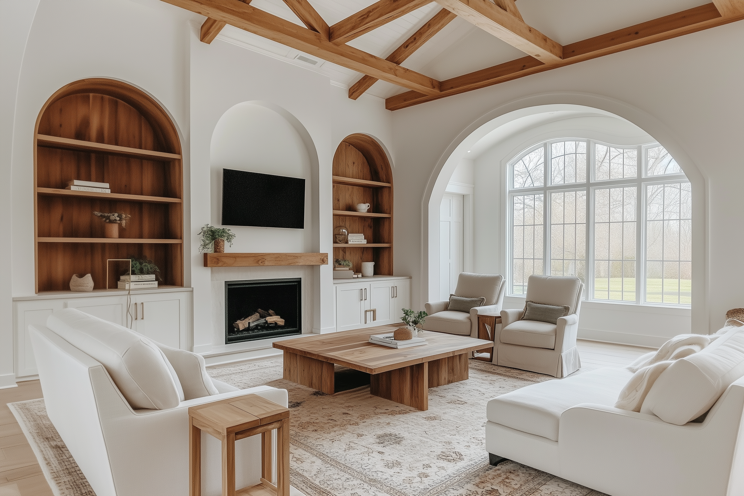 Spacious barndominium living room with exposed wood beam ceiling, large arched windows, cozy white seating, and built-in arched bookcases flanking a fireplace with a wood mantel.