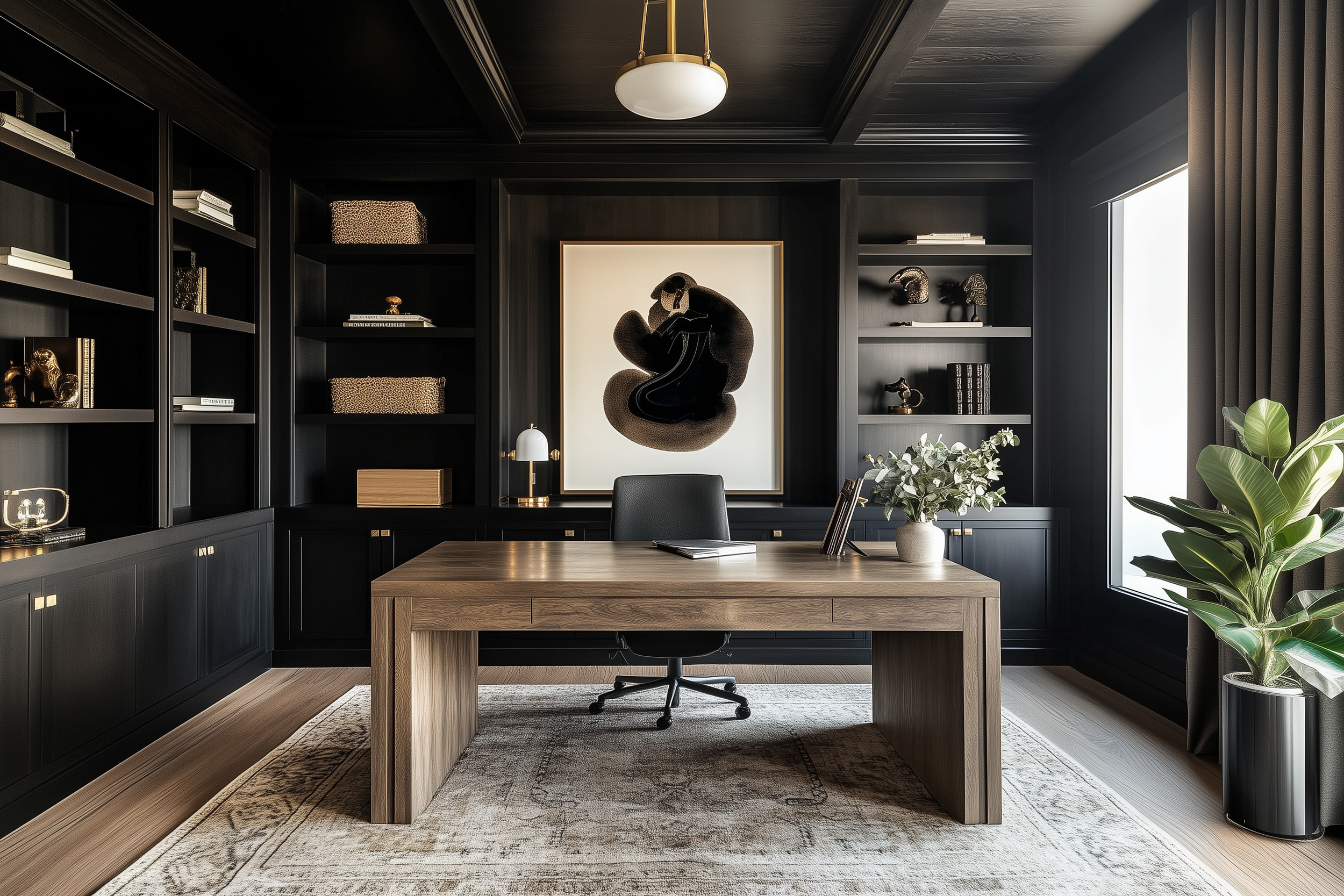 Sophisticated home office with recessed ceiling and dark cabinetry, featuring a minimalist wooden desk, black built-ins, curated decor, and a large abstract art piece for a bold modern look.