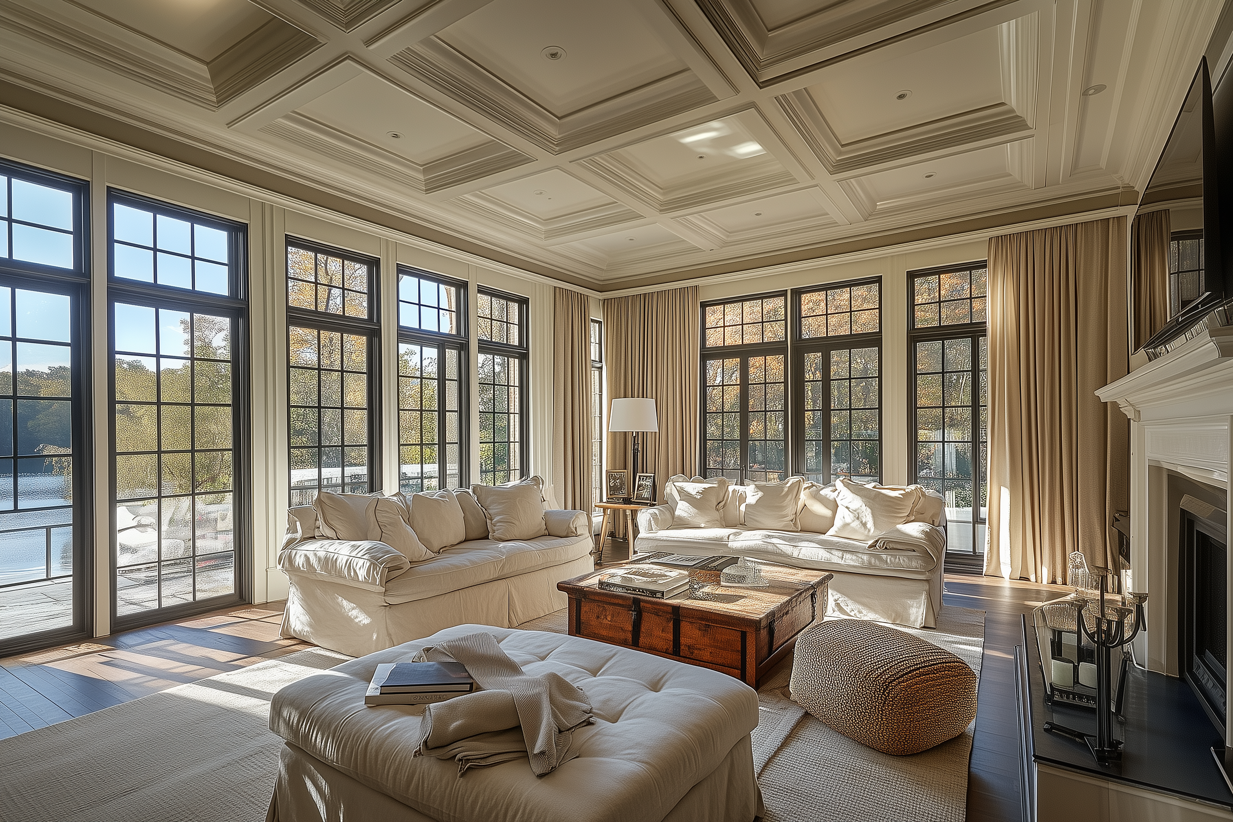 Luxurious living room featuring a striking coffered ceiling design with symmetrical recessed panels. Expansive floor-to-ceiling windows flood the room with natural light, while elegant neutral sofas and plush ottomans provide inviting comfort.