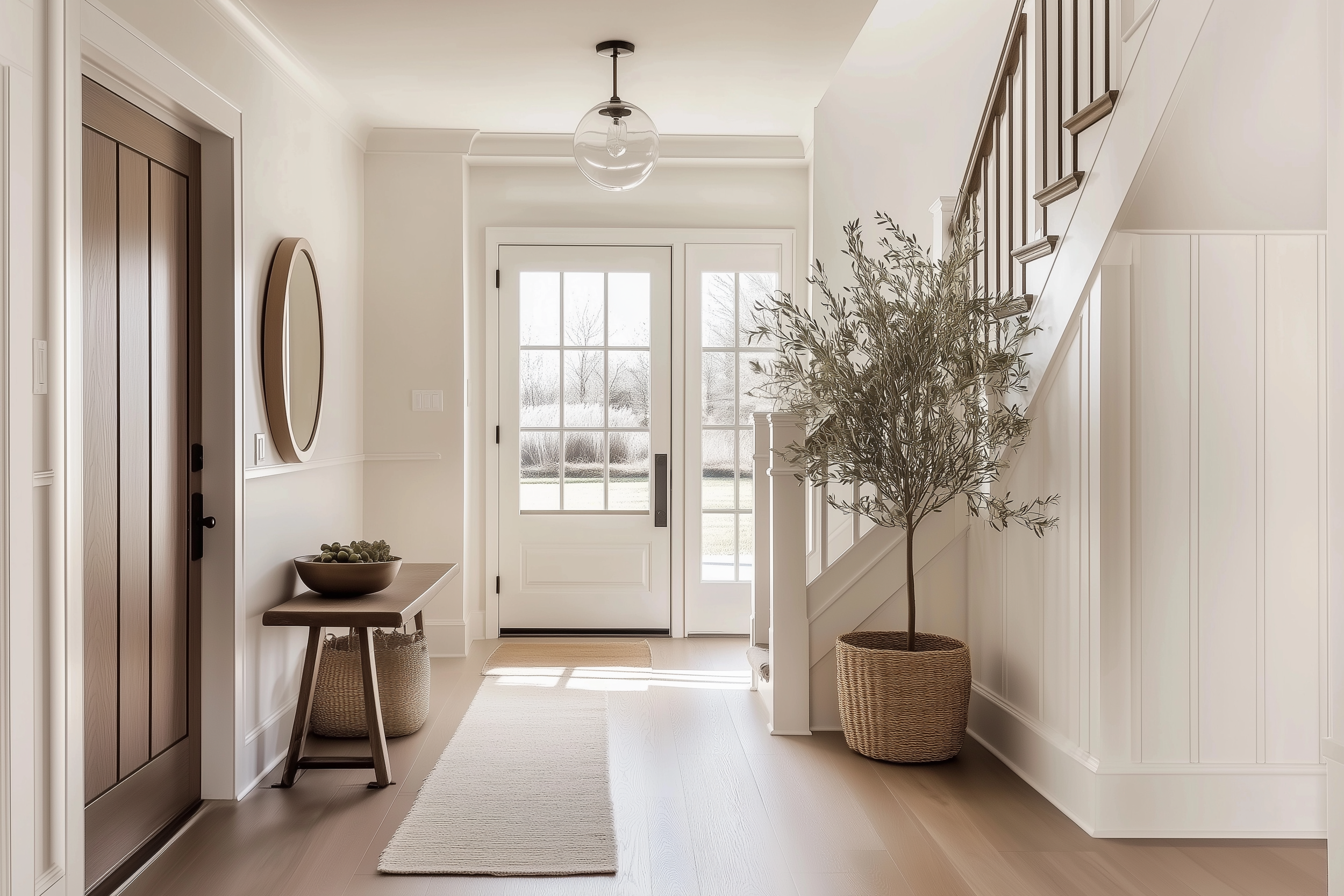 Bright and minimalist entryway featuring a wood front door, woven basket planters, a round wall mirror, and a potted olive tree beside a staircase in a modern barndominium-style home.