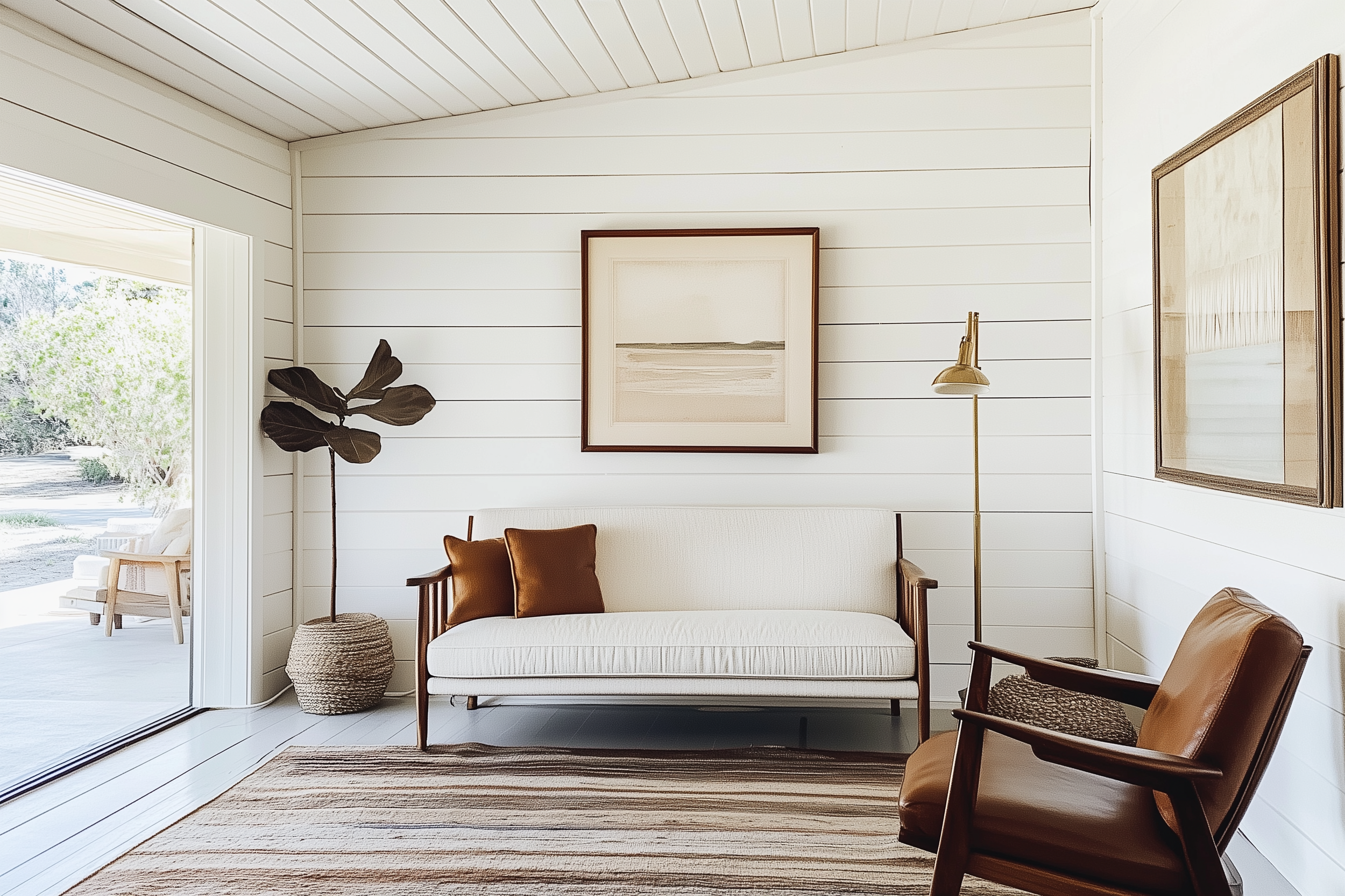 Cozy modern farmhouse living room with white shiplap walls and ceiling, a mid-century style white loveseat, leather accent chair, brass floor lamp, and earthy decor in a barndominium home.