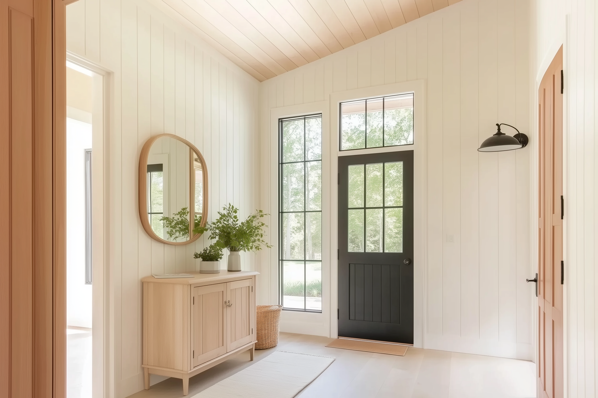 Modern barndominium entryway with a vaulted wood-paneled ceiling, black grid-style front door, natural wood console table, oval mirror, and fresh greenery accents for a warm minimalist look.