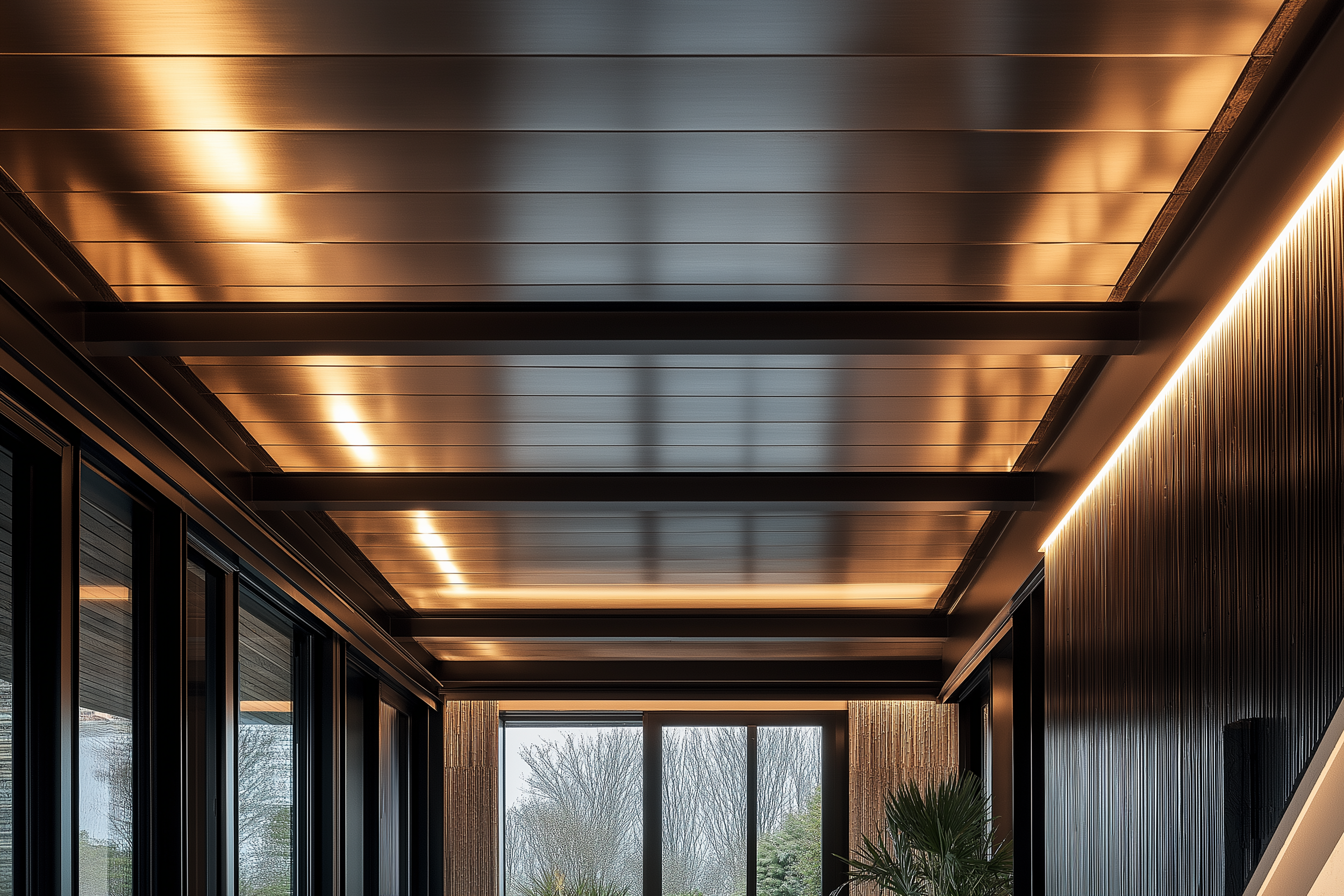 Sleek barndominium hallway with a modern metallic ceiling and warm integrated LED lighting, surrounded by floor-to-ceiling windows and vertical wood panel detailing.
