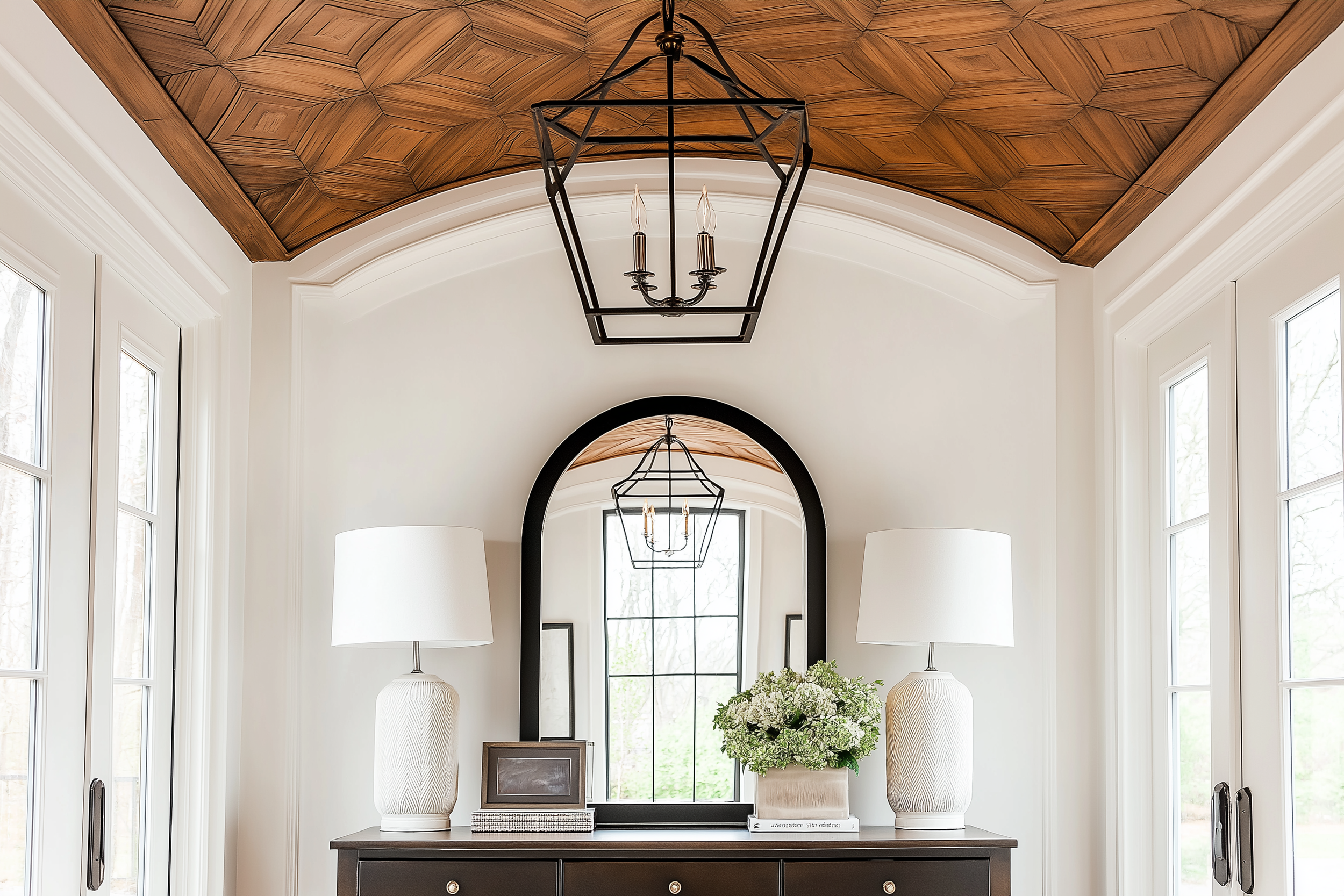 Refined hallway featuring a barrel-vaulted ceiling with intricate wood inlay design, black framed mirror, white ceramic lamps, and a dark wood console table with fresh floral decor.