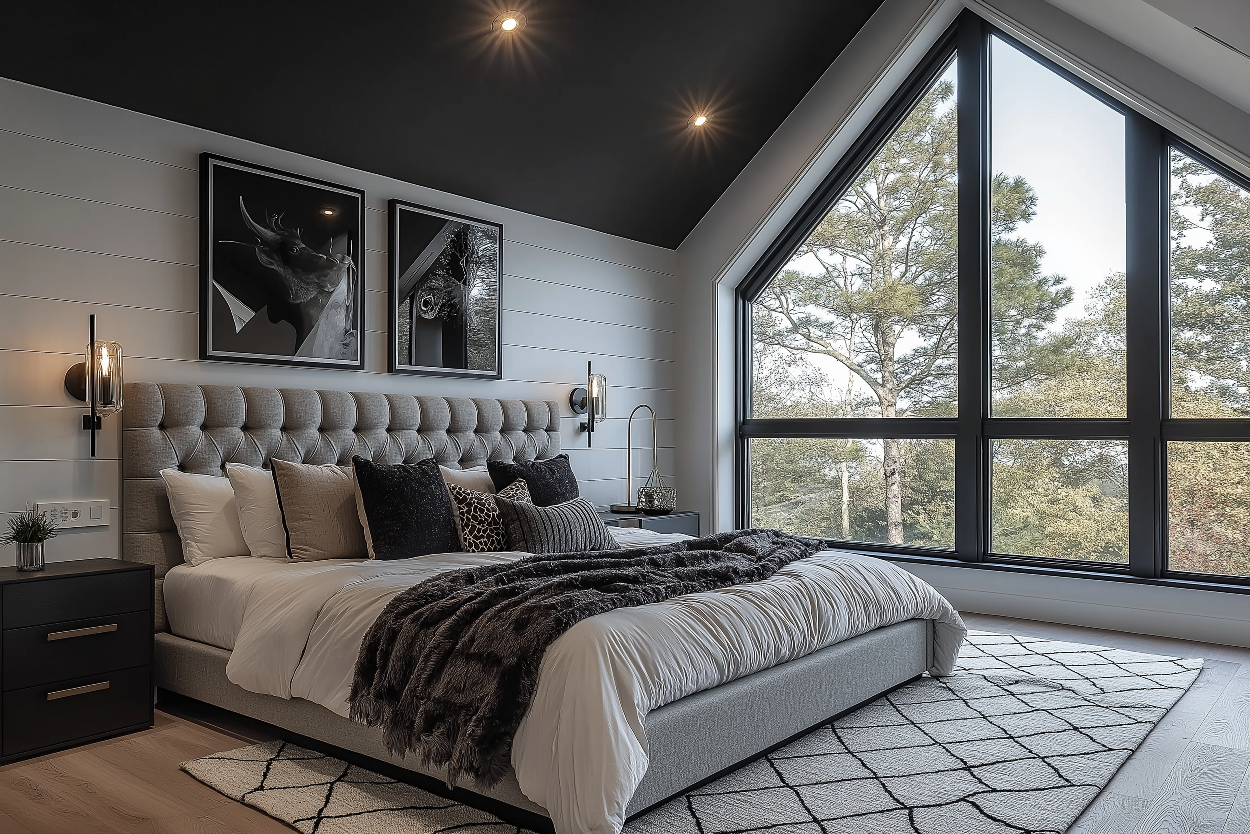 Elegant attic bedroom with a vaulted black ceiling, oversized triangular windows, tufted upholstered bed frame, monochrome artwork, and luxurious faux-fur accents for a cozy yet dramatic look.