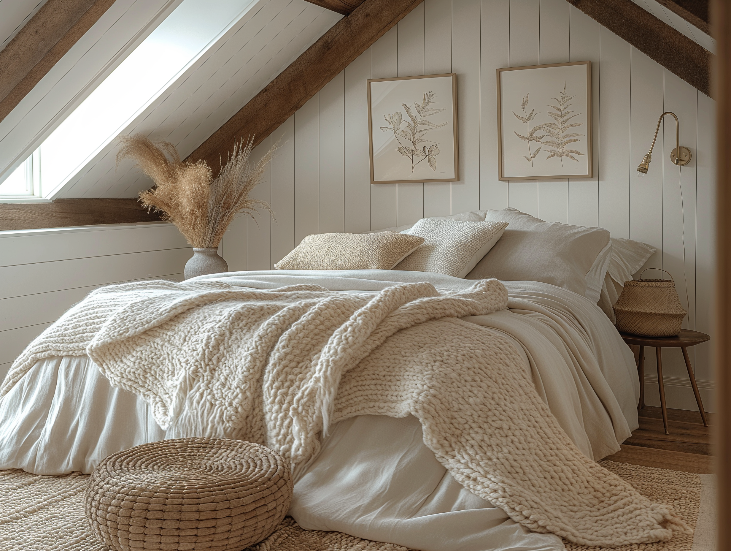Cozy attic bedroom with exposed wooden beams, shiplap walls, chunky knit blankets, woven poufs, botanical artwork, and pampas grass accents for a serene retreat.