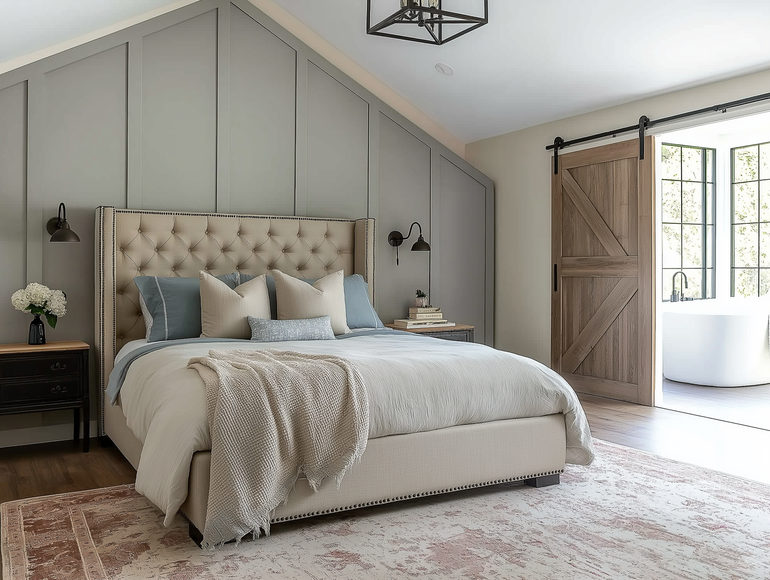 Elegant attic bedroom with sliding barn door, tufted bedframe, paneled walls, neutral-toned bedding, and rustic accents for a cozy-modern look.