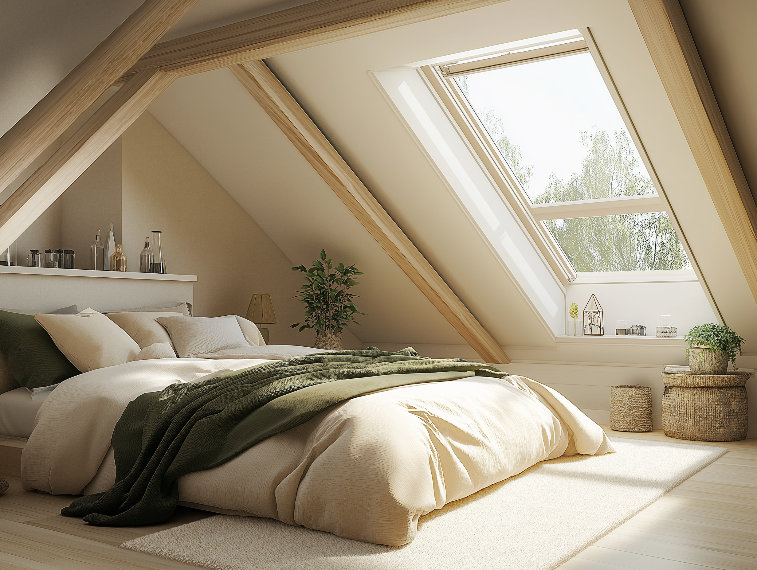 Attic bedroom with natural wood beams, Velux skylight, minimalist cream and green bedding, and woven baskets as decor.