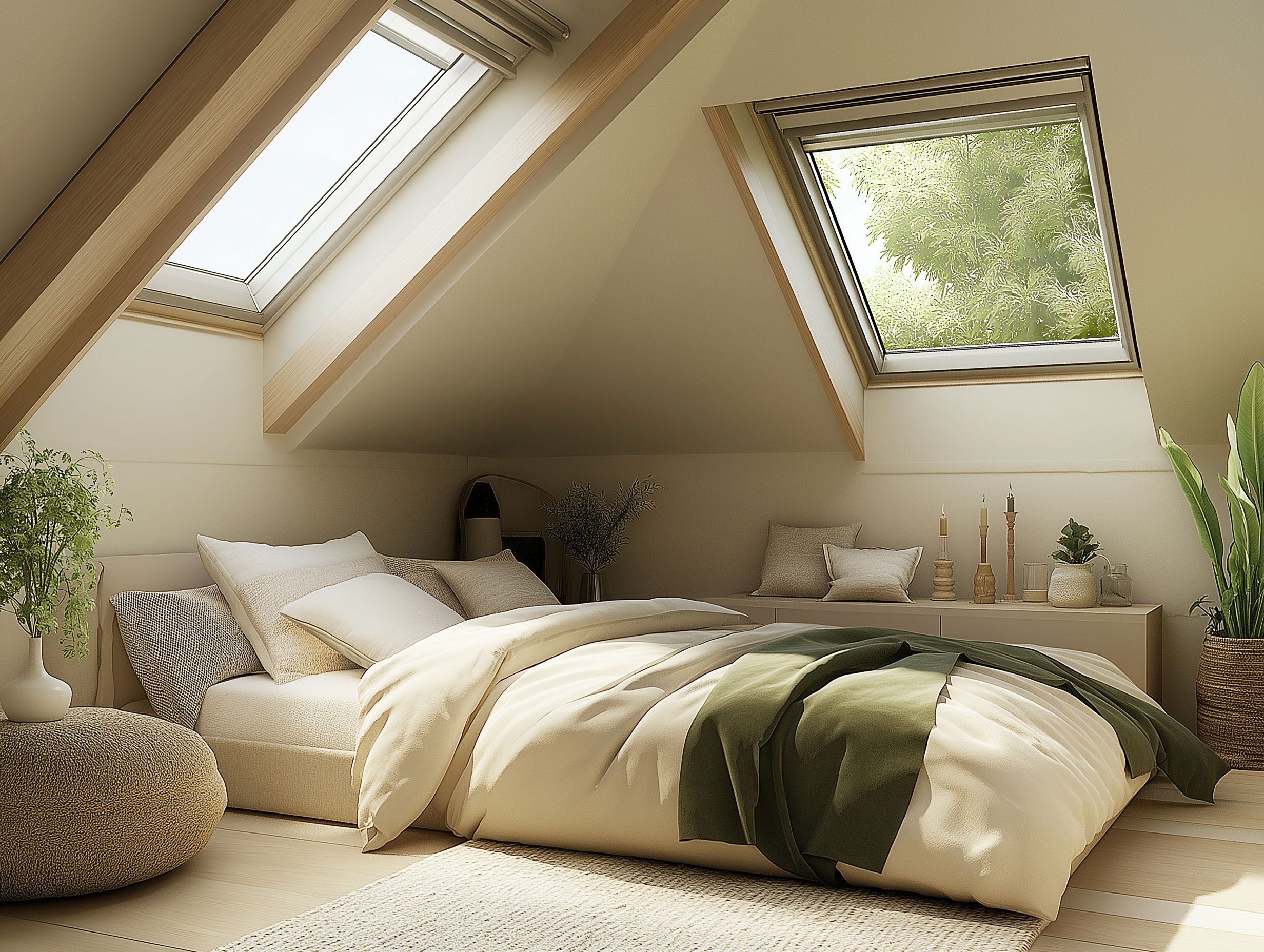 Minimalist attic bedroom with double Velux skylights, a neutral cream and green palette, low-profile bed, and earthy decor elements.