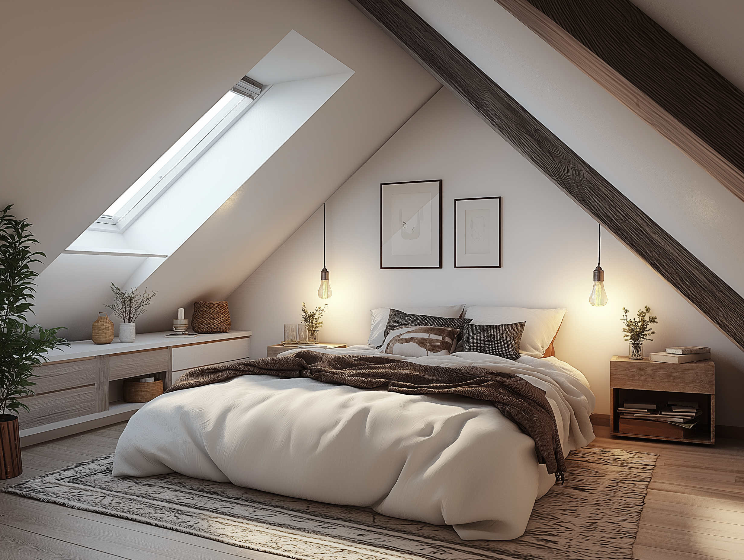 Rustic attic bedroom with sloped ceilings, exposed wooden beams, a Velux skylight, pendant lighting, and cozy storage shelves.