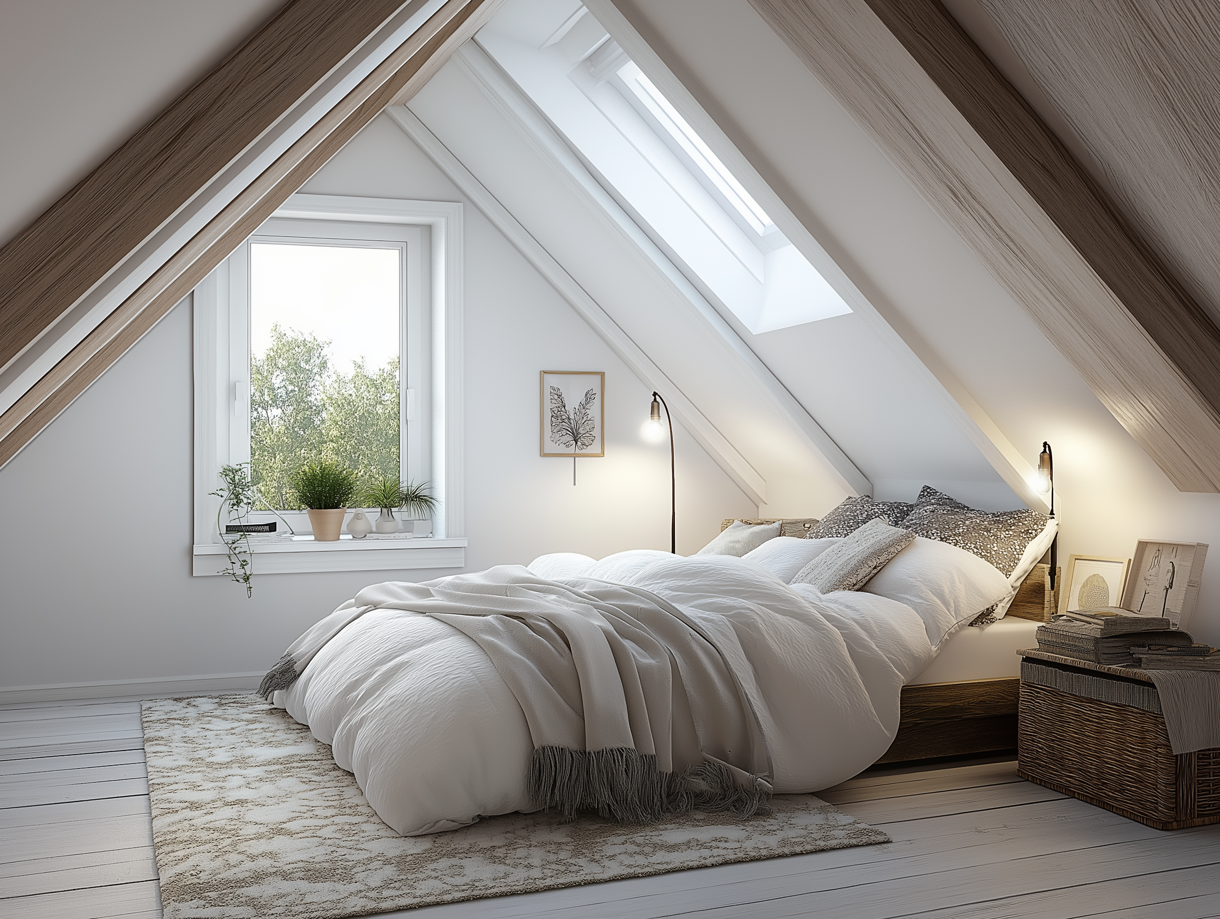 Bright attic bedroom with Velux skylights, neutral bedding, a woven basket, botanical wall art, and a cozy area rug.