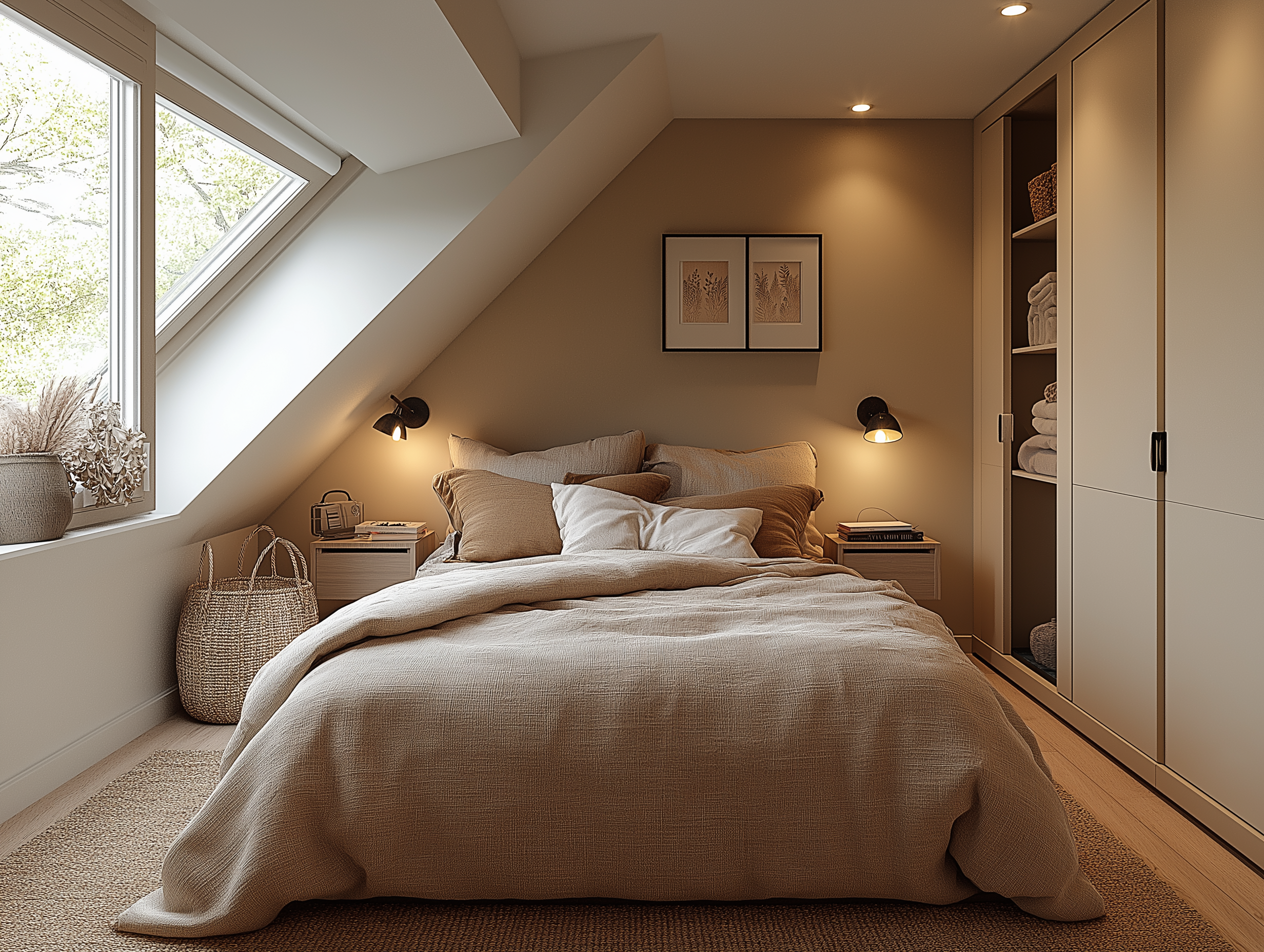 Warm attic bedroom with slanted ceilings, neutral bedding, woven basket, built-in cabinets, and cozy lighting.