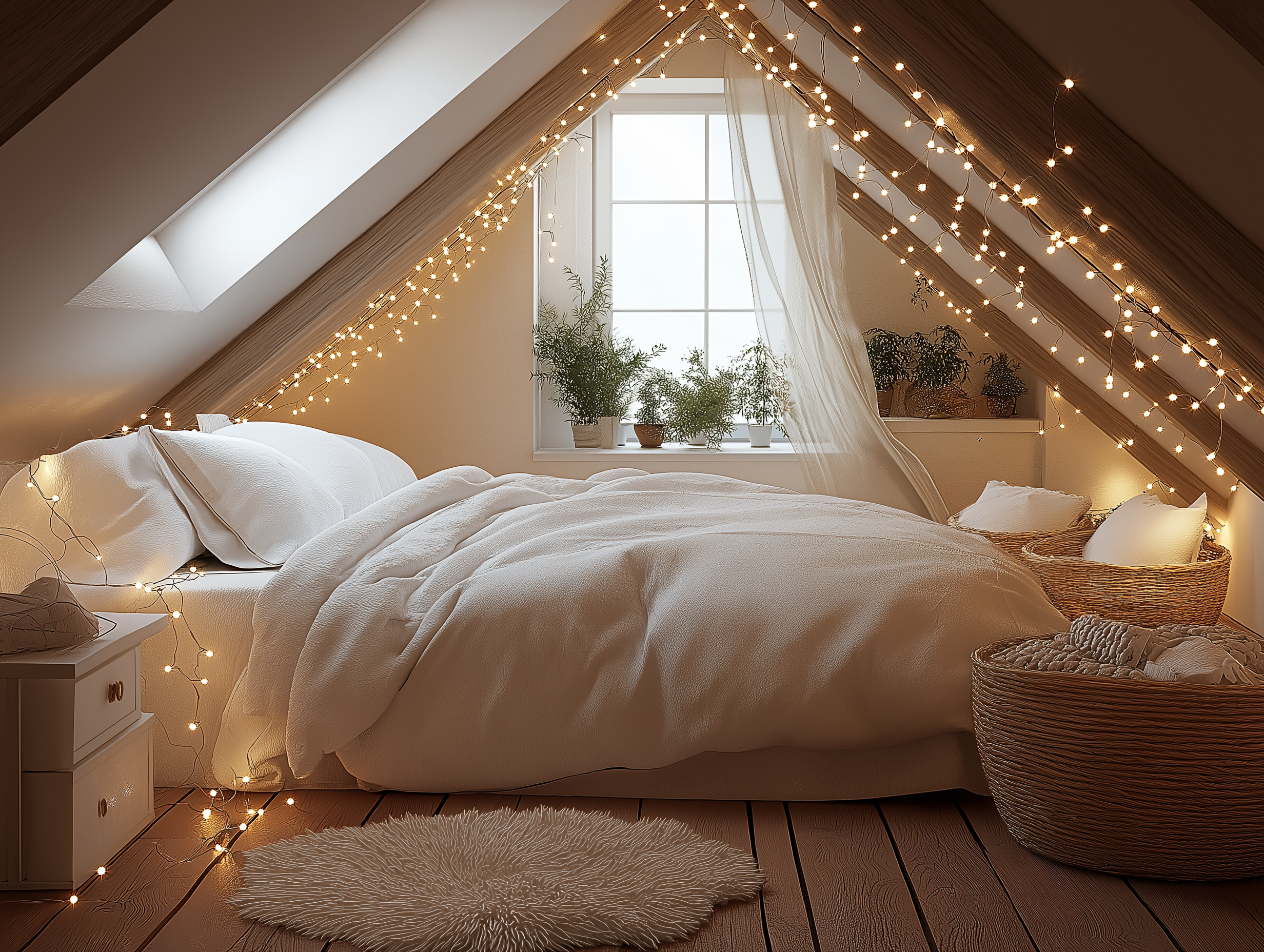 Cozy attic bedroom with white bedding, warm fairy lights, wooden floors, wicker baskets, and potted plants.