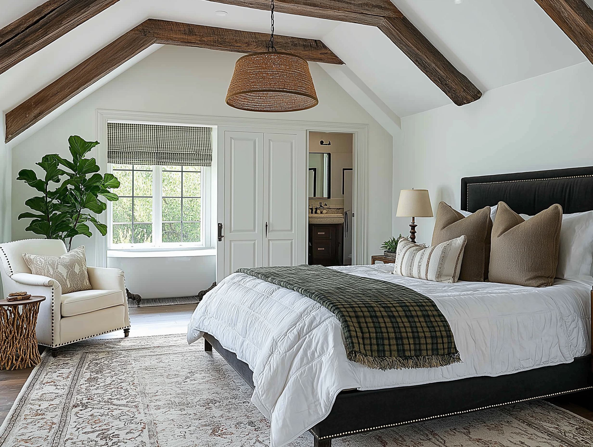 Farmhouse-inspired attic bedroom with exposed wooden beams, a plaid green throw, neutral bedding, and a lush fiddle-leaf fig in the corner.