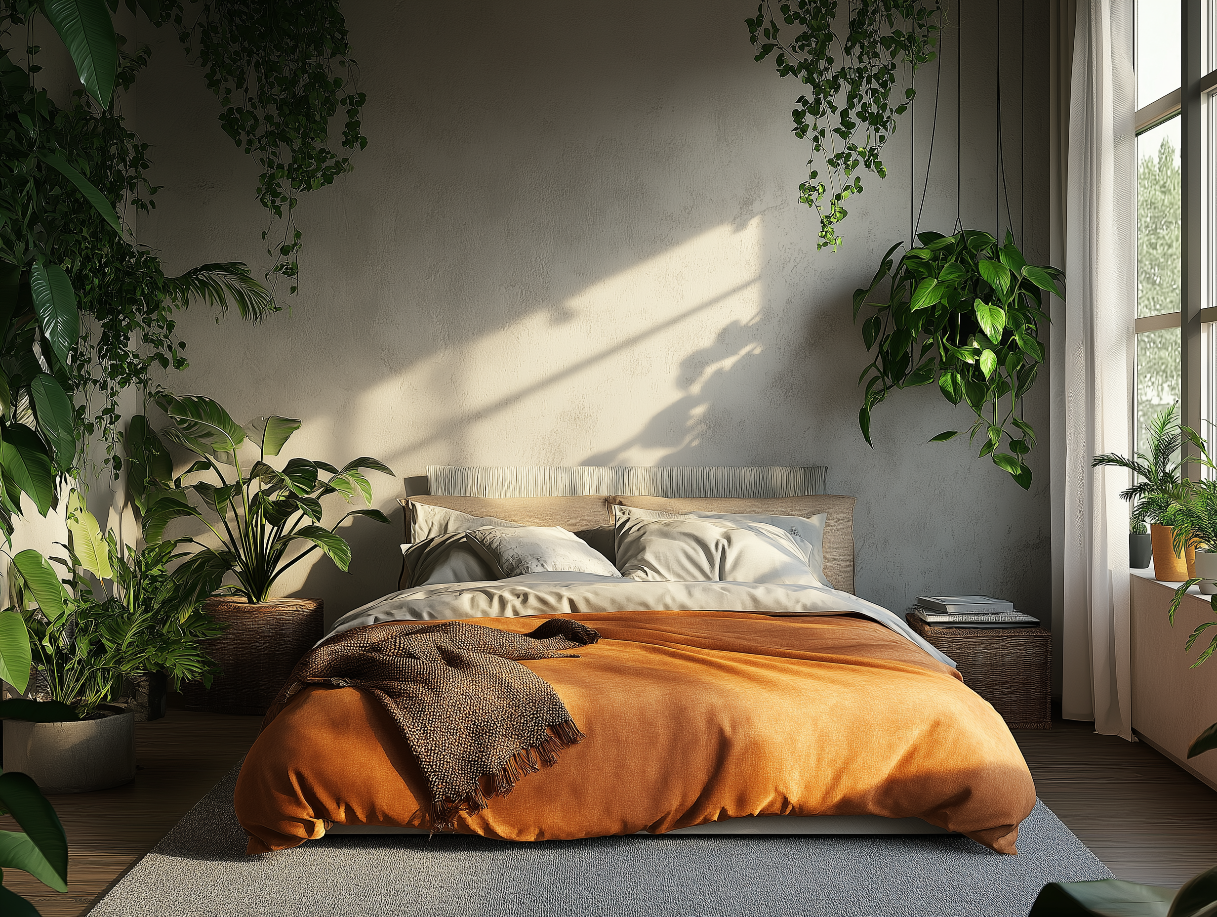 Earthy bedroom filled with cascading greenery, a wooden bed frame, orange bedding, and sunlight streaming through large windows.