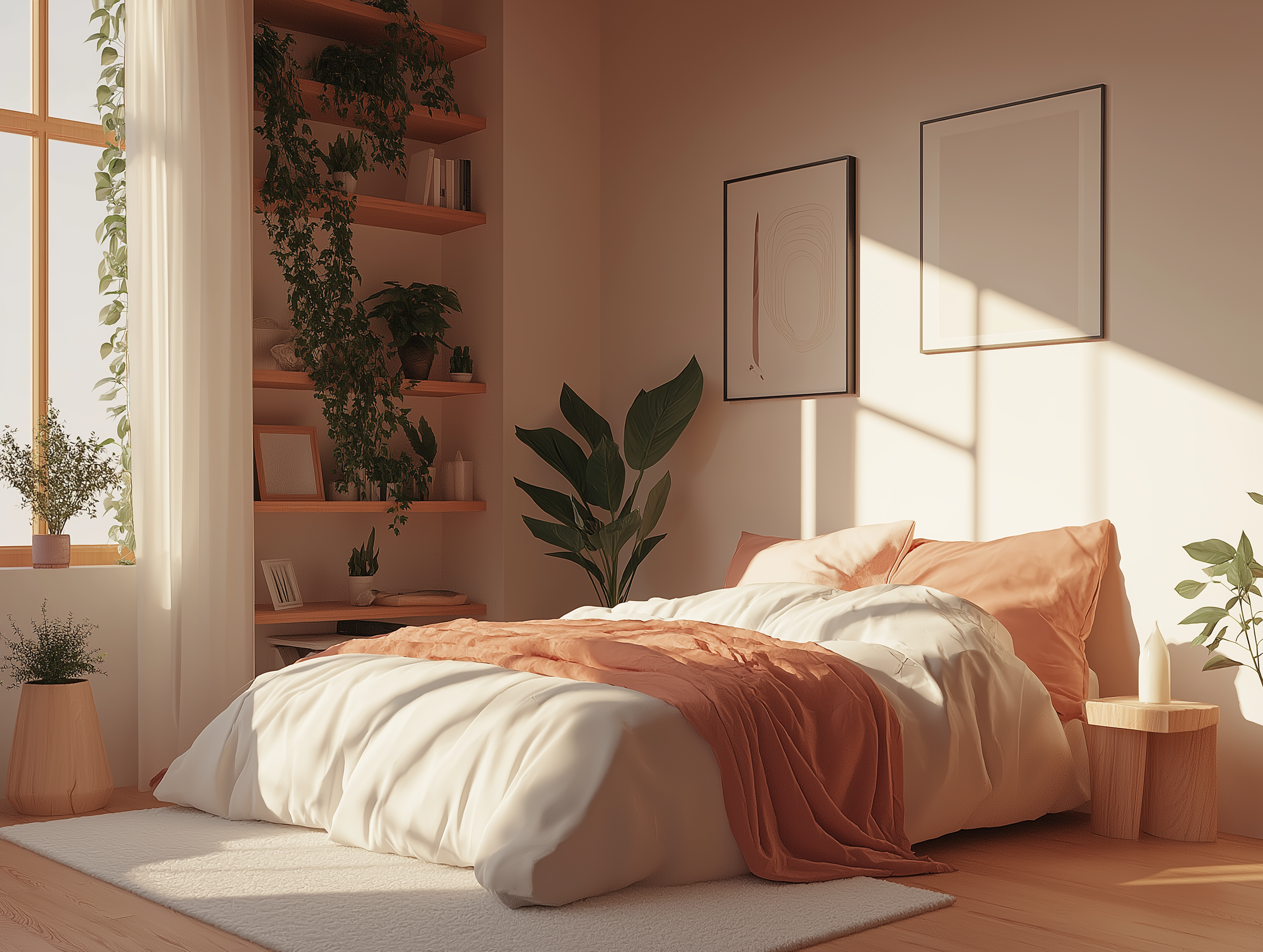 Minimalist Cottagecore bedroom featuring soft peach bedding, trailing greenery on wooden shelves, and warm natural light.
