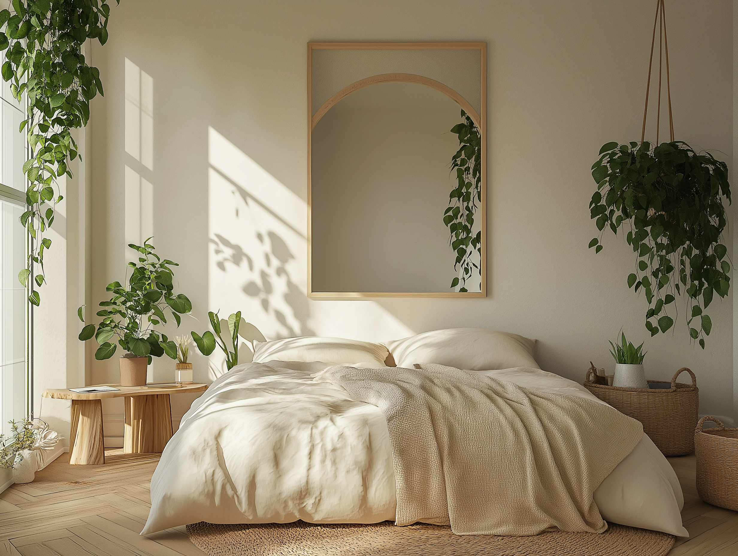 Scandinavian-inspired Cottagecore bedroom with a neutral palette, arched wooden mirror, and vibrant green plants in woven baskets.