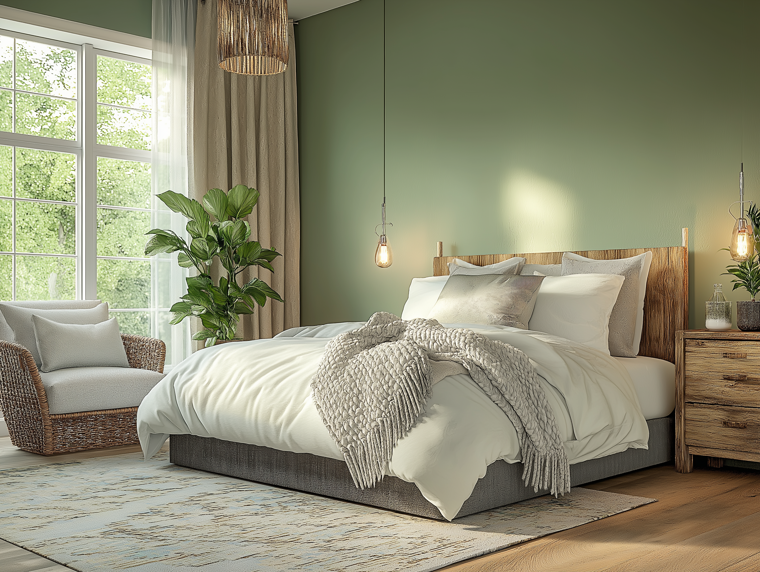 Cottagecore bedroom with sage green walls, a wooden headboard, and cozy white bedding complemented by green plants and pendant lights.