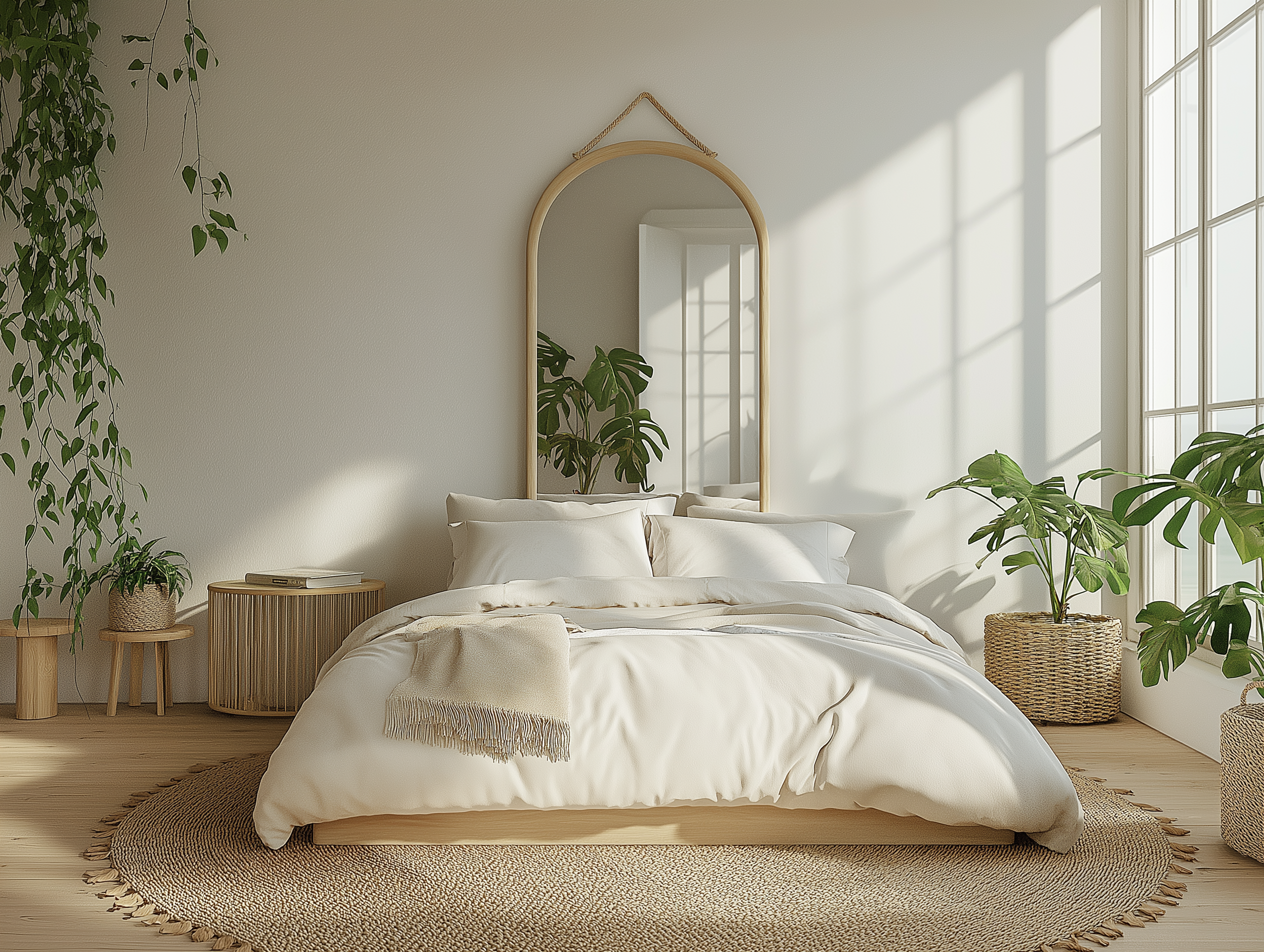 Neutral Cottagecore bedroom showcasing a warm wooden bed frame, light linen bedding, and greenery in baskets with soft natural light.