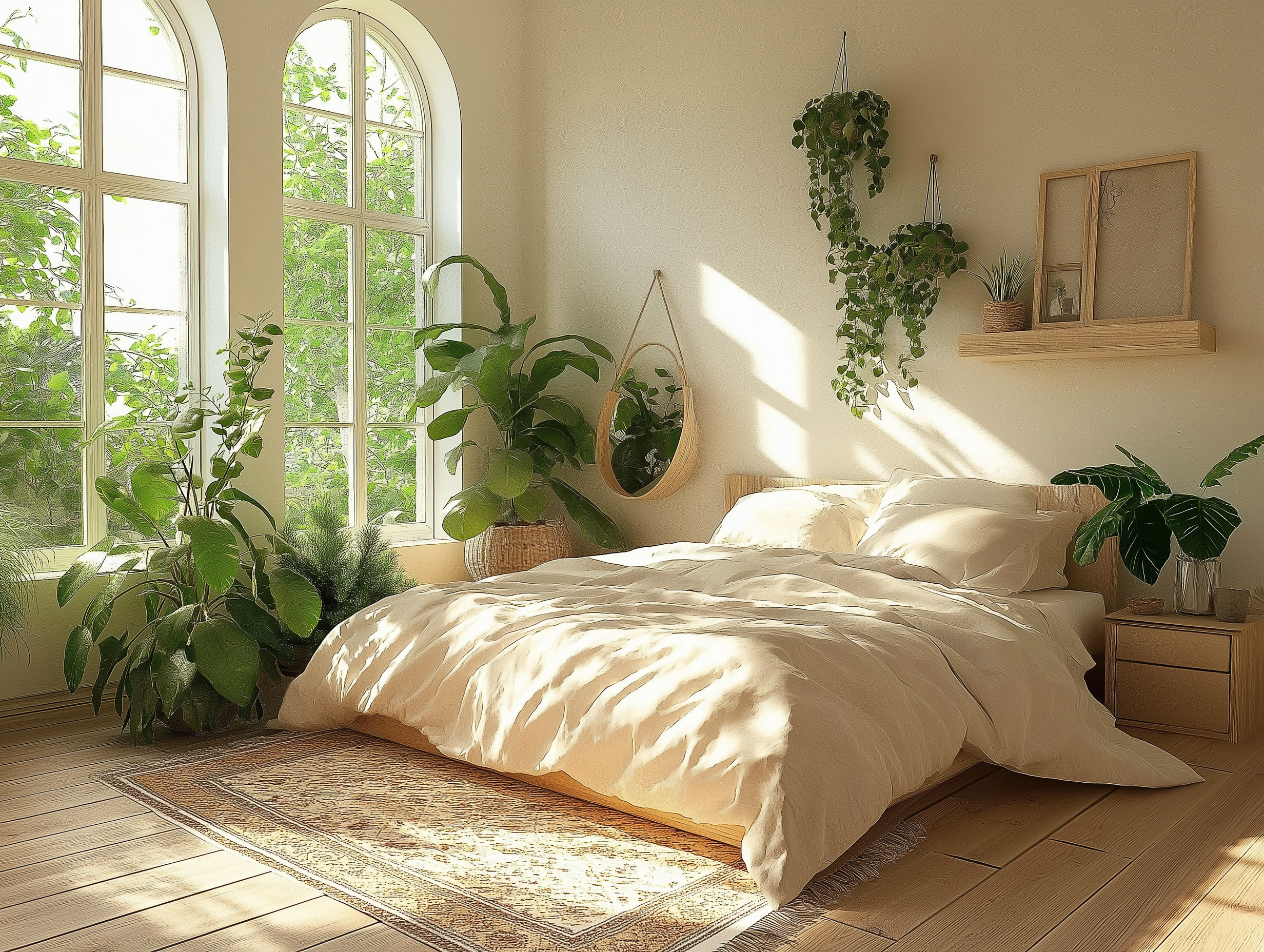 Cottagecore bedroom with tall arched windows, flowing white curtains, wooden flooring, and green plants creating a serene, natural ambiance.