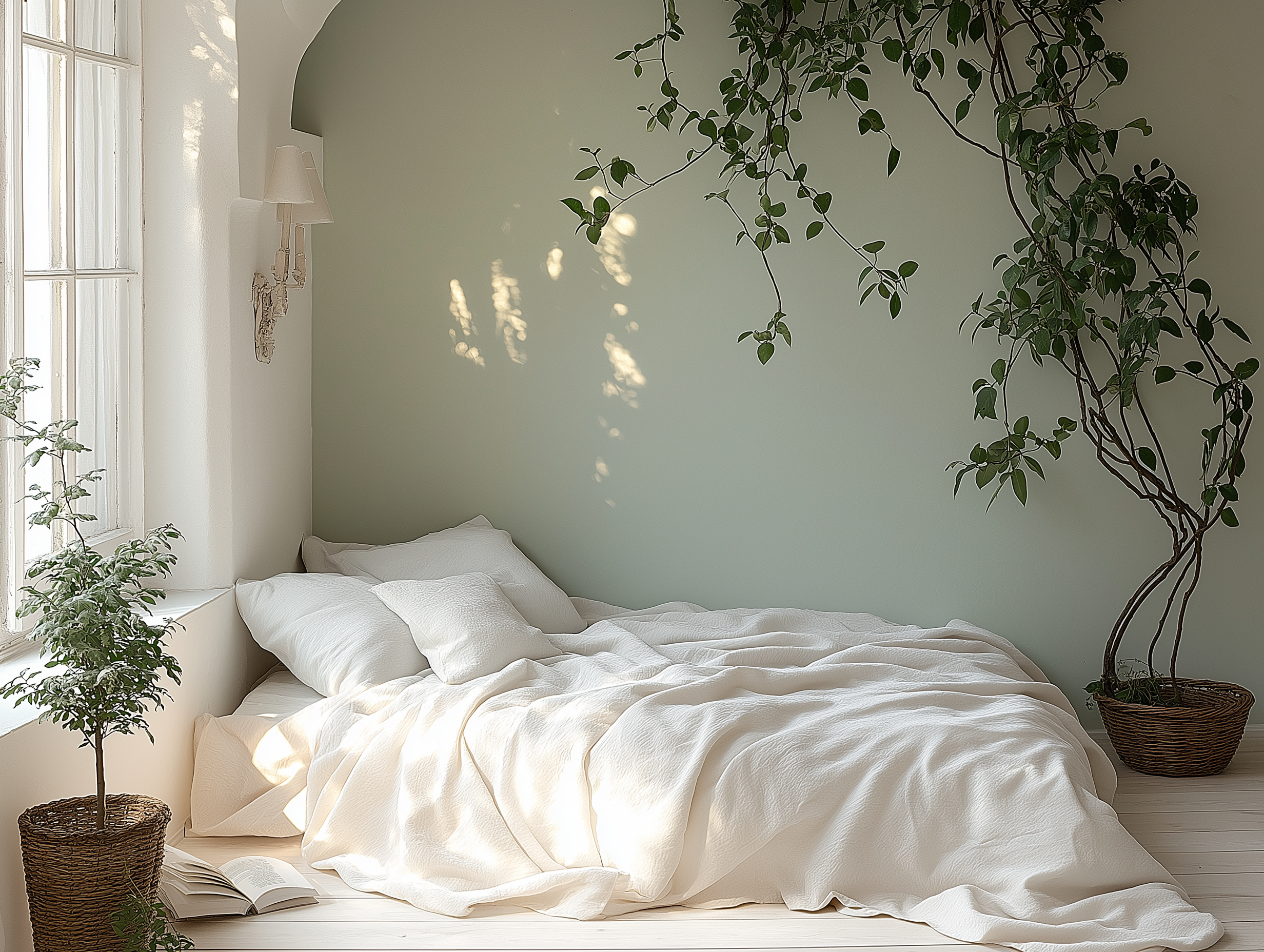 Cozy Cottagecore bedroom with sage green walls, delicate wall-mounted lamps, white bedding, and minimal greenery for a calm vibe.