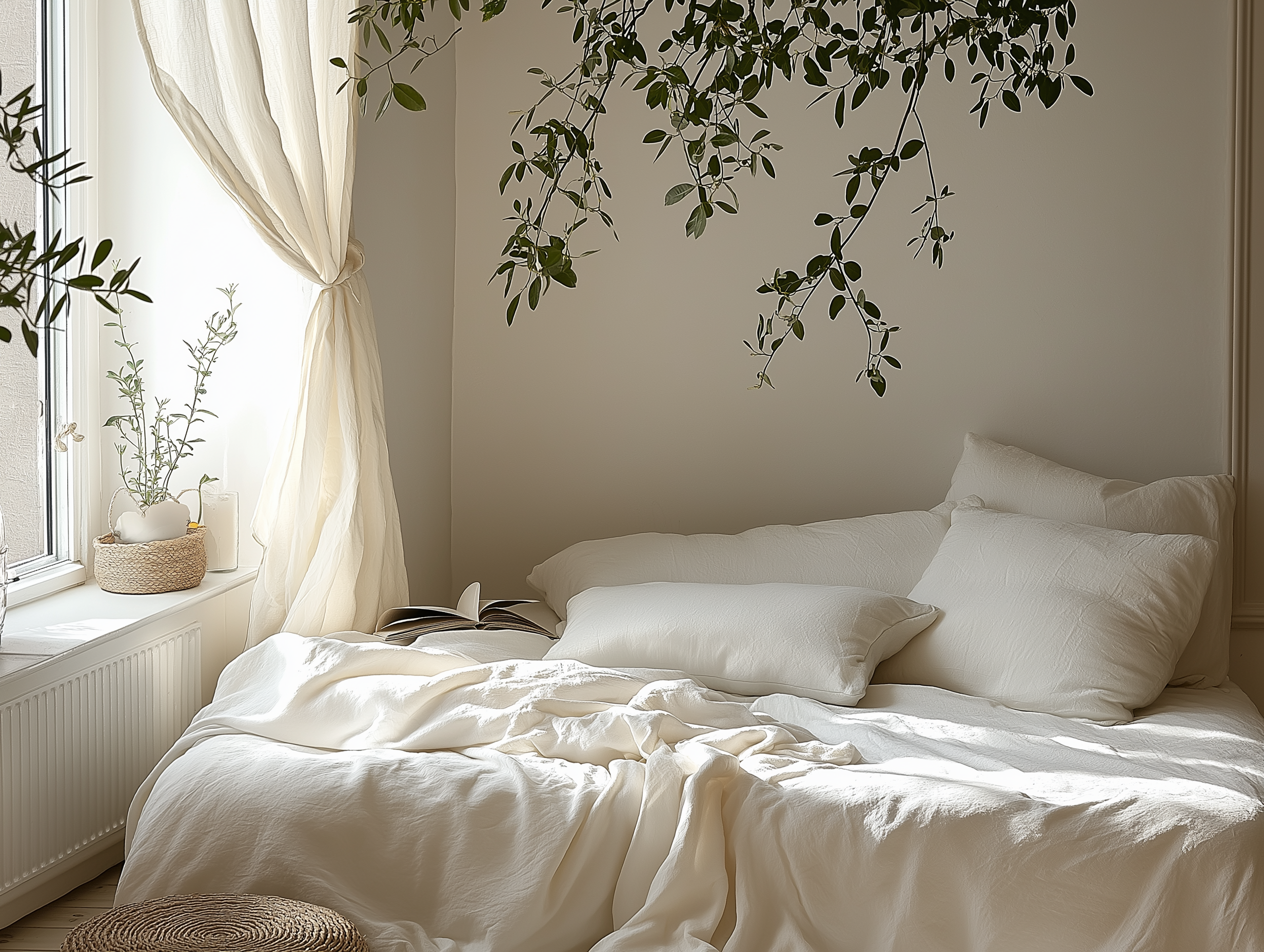 Cottagecore bedroom with sheer curtains, cascading vines, and bright white bedding styled in a relaxed, airy layout.