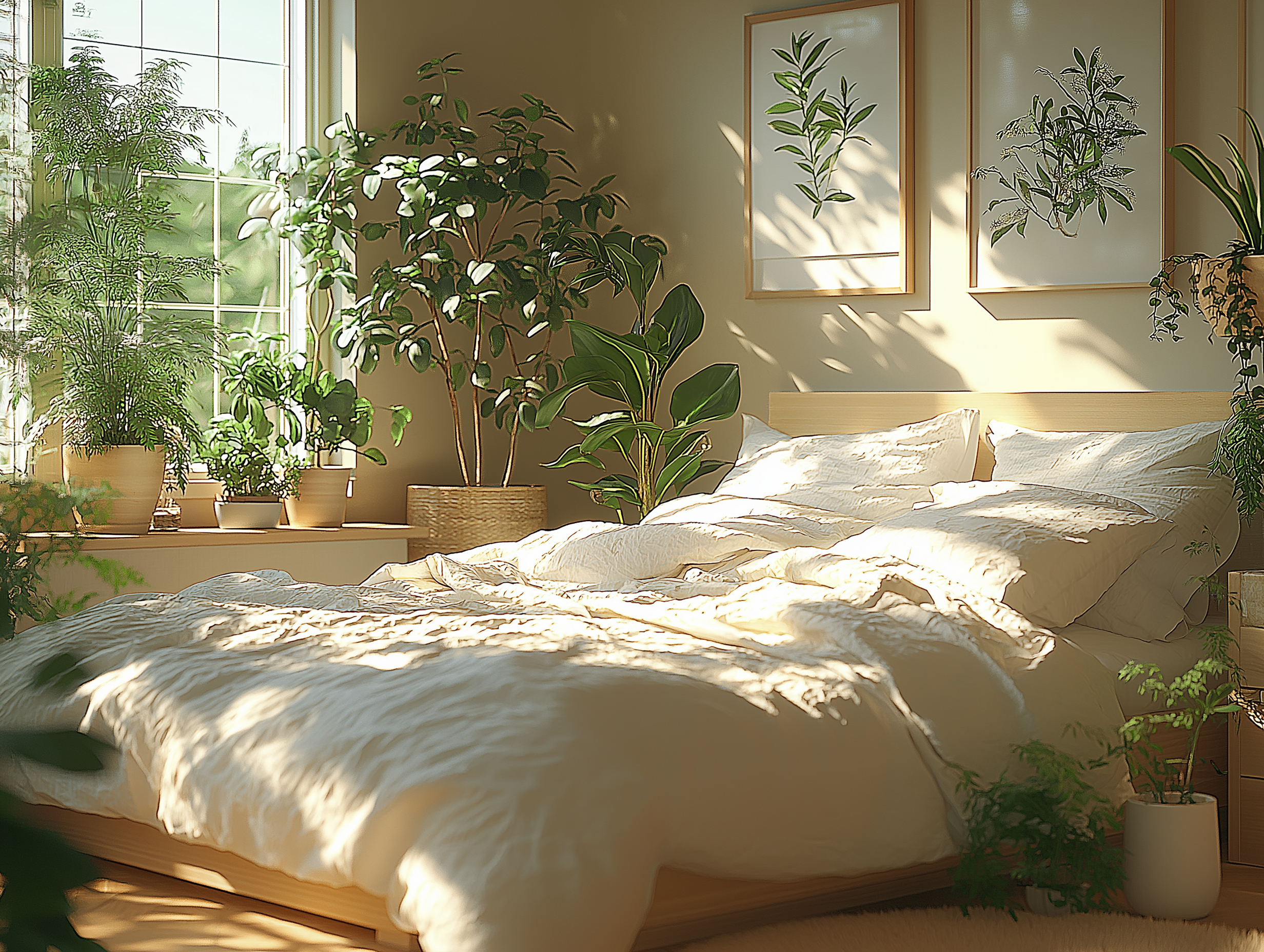 Lush Cottagecore bedroom with white bedding surrounded by a collection of green plants and botanical wall art, basking in golden sunlight.