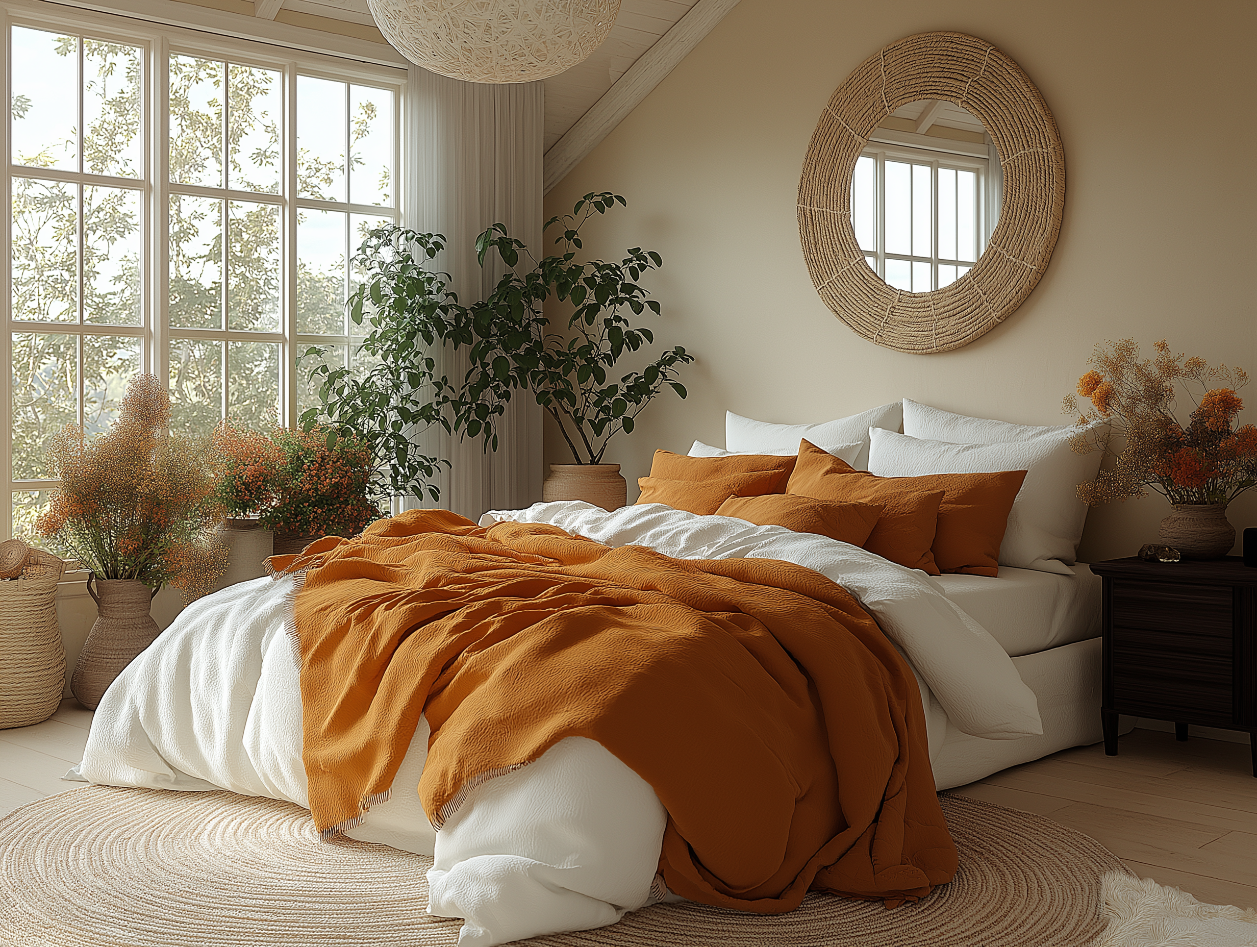 Warm-toned Cottagecore bedroom with orange throw blankets, a natural woven mirror, dried florals, and earthy decor elements.
