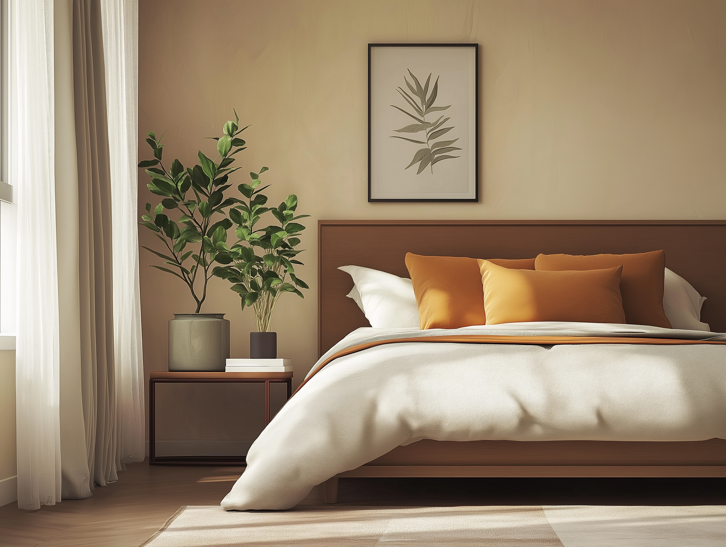 Modern cozy bedroom with a wooden bed frame, golden-orange throw pillows, neutral bedding, lush greenery, beige walls, and soft airy curtains for a serene, minimalist vibe.