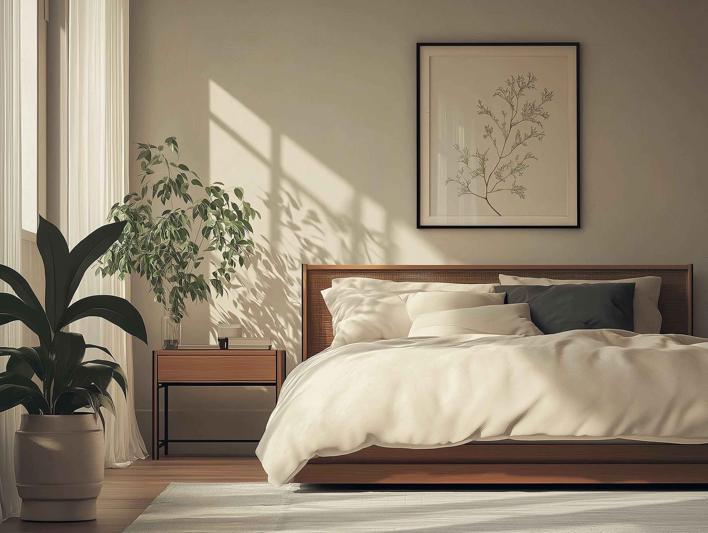 Minimalist cozy bedroom featuring a woven cane bed frame, light beige walls, layered neutral bedding with a charcoal accent pillow, lush greenery, and sunlight filtering through sheer curtains.