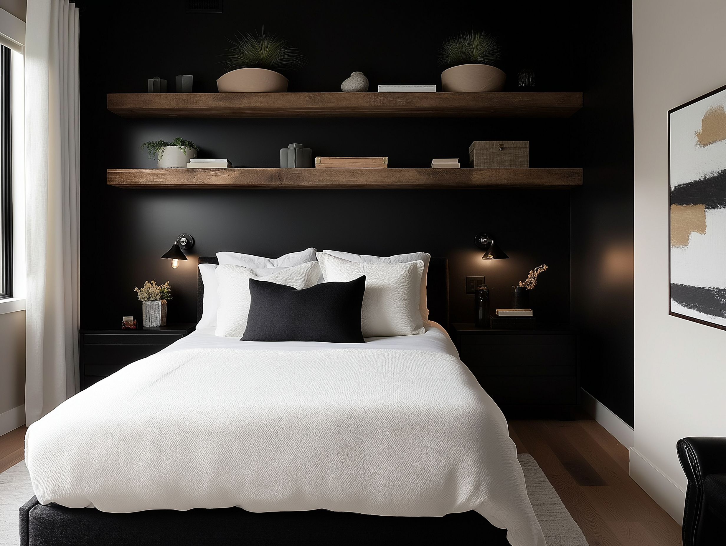 Moody modern bedroom featuring a black accent wall, floating wooden shelves with neutral décor, white bedding with a black throw pillow, and sconce lighting for a cozy ambiance.