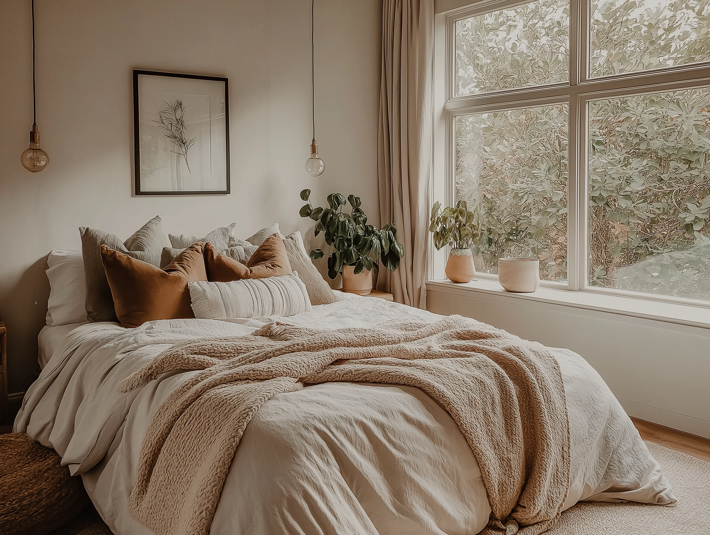Neutral bedroom with soft textures, earthy-hued throw pillows, layered throws, pendant lighting, and lush greenery by a large window.