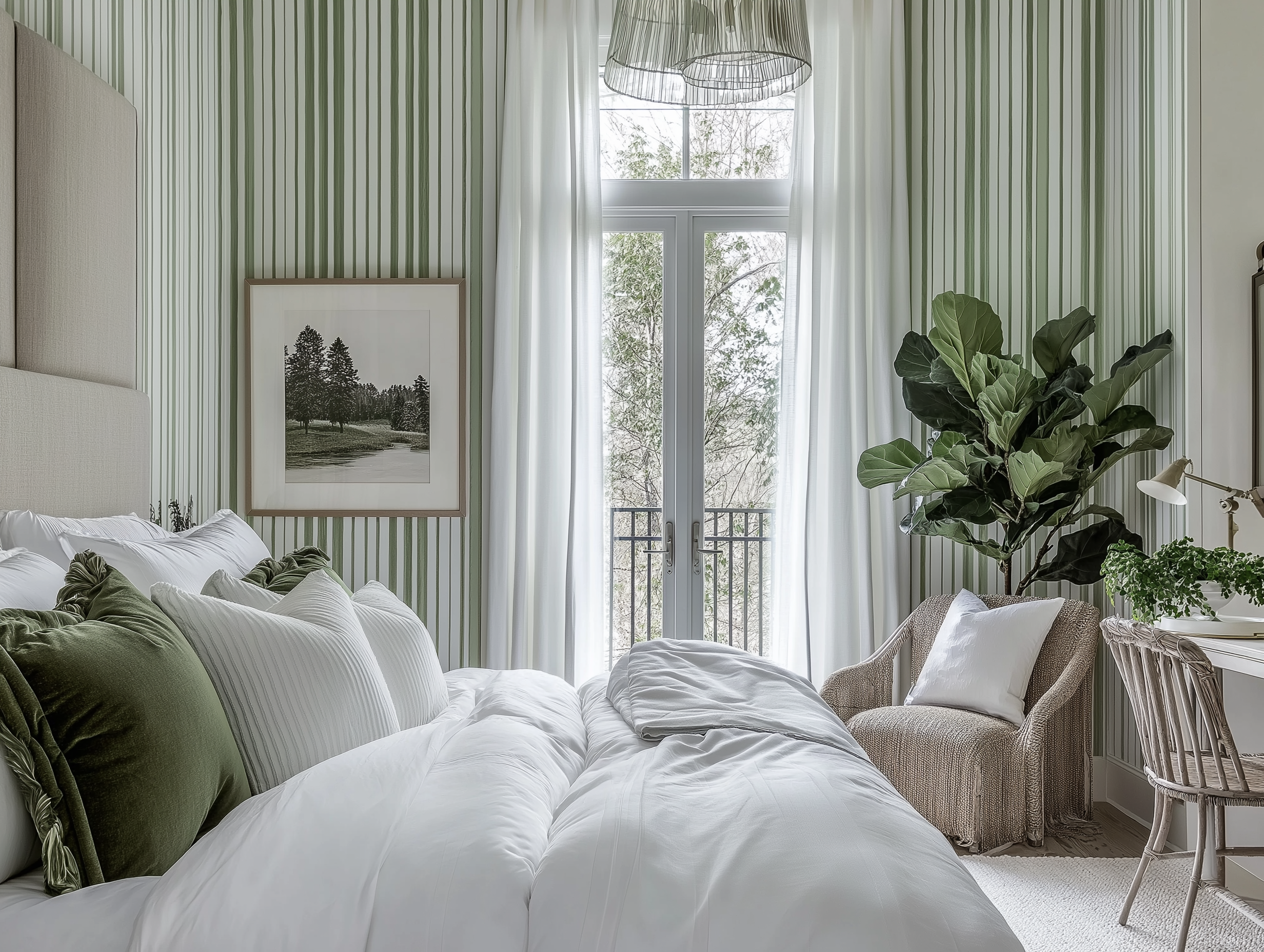 Modern green bedroom with striped accent wall, white bedding, velvet green pillows, a wicker chair, and a fiddle leaf fig tree.
