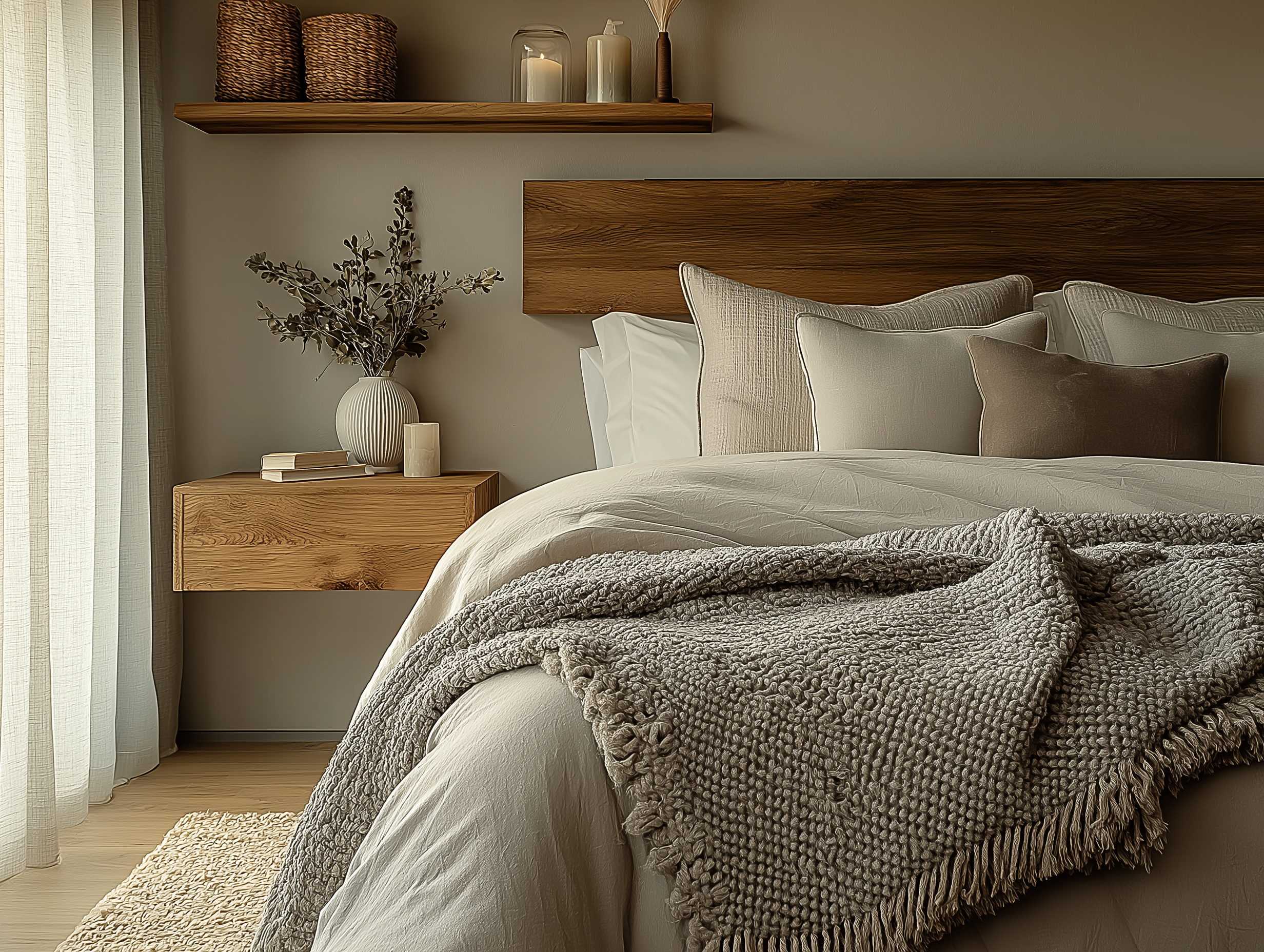 Rustic modern bedroom with an oak headboard, neutral bedding, textured knit throw, floating nightstand, and cozy shelf styling with candles and baskets.