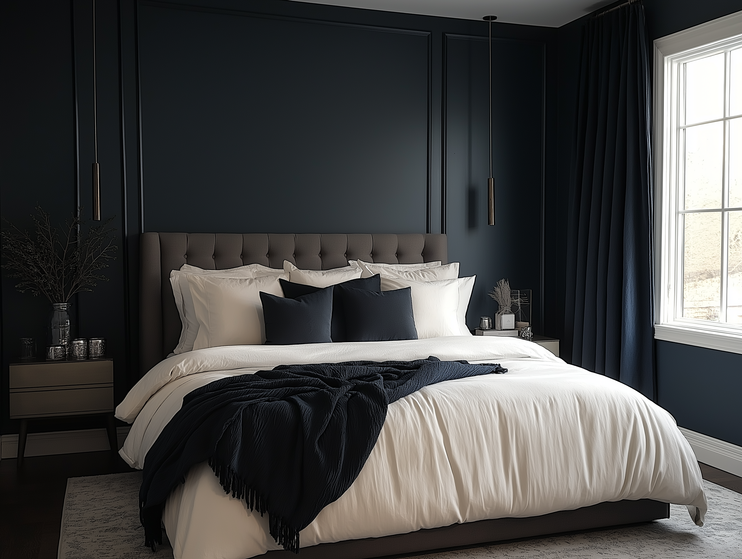Moody navy bedroom with a taupe tufted headboard, crisp white bedding, navy throw blanket, pendant lights, and a minimalist nightstand.