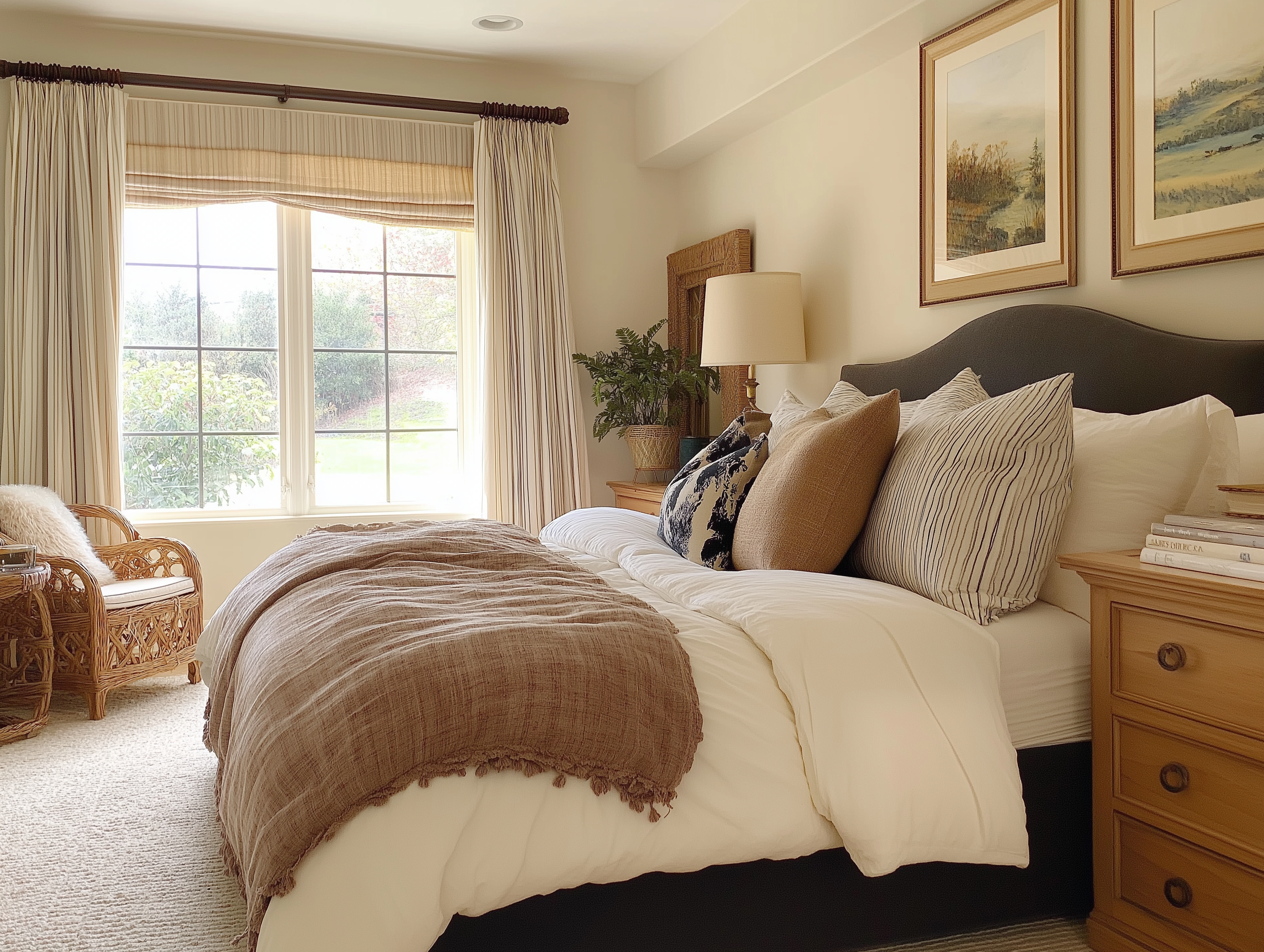 Cozy countryside bedroom with a charcoal upholstered headboard, layered neutral bedding, rattan chair, wood nightstands, and framed landscape art.