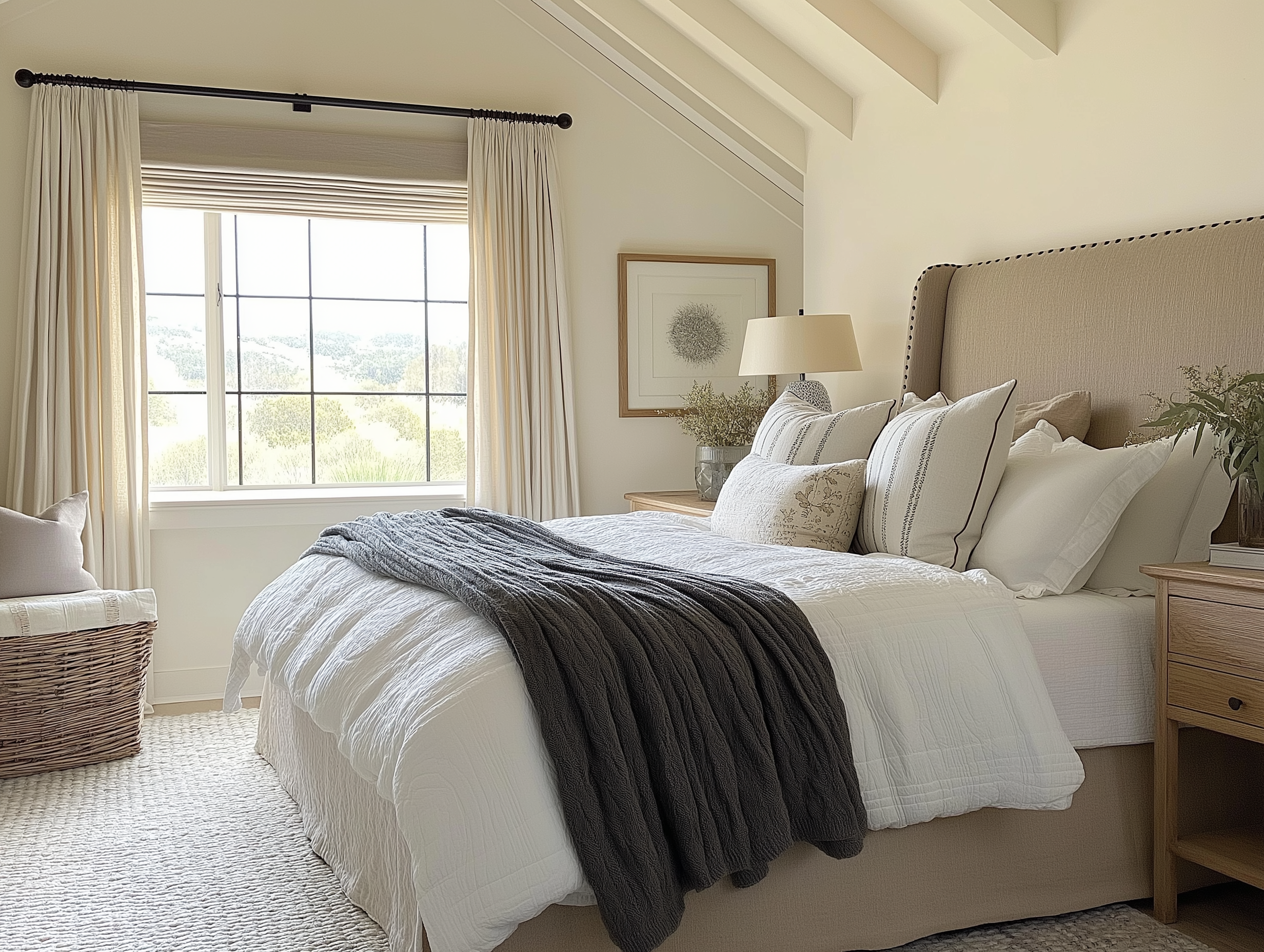 Neutral bedroom with vaulted ceilings, upholstered beige wingback headboard, layered bedding with white and gray accents, wooden nightstands, and woven basket seating.