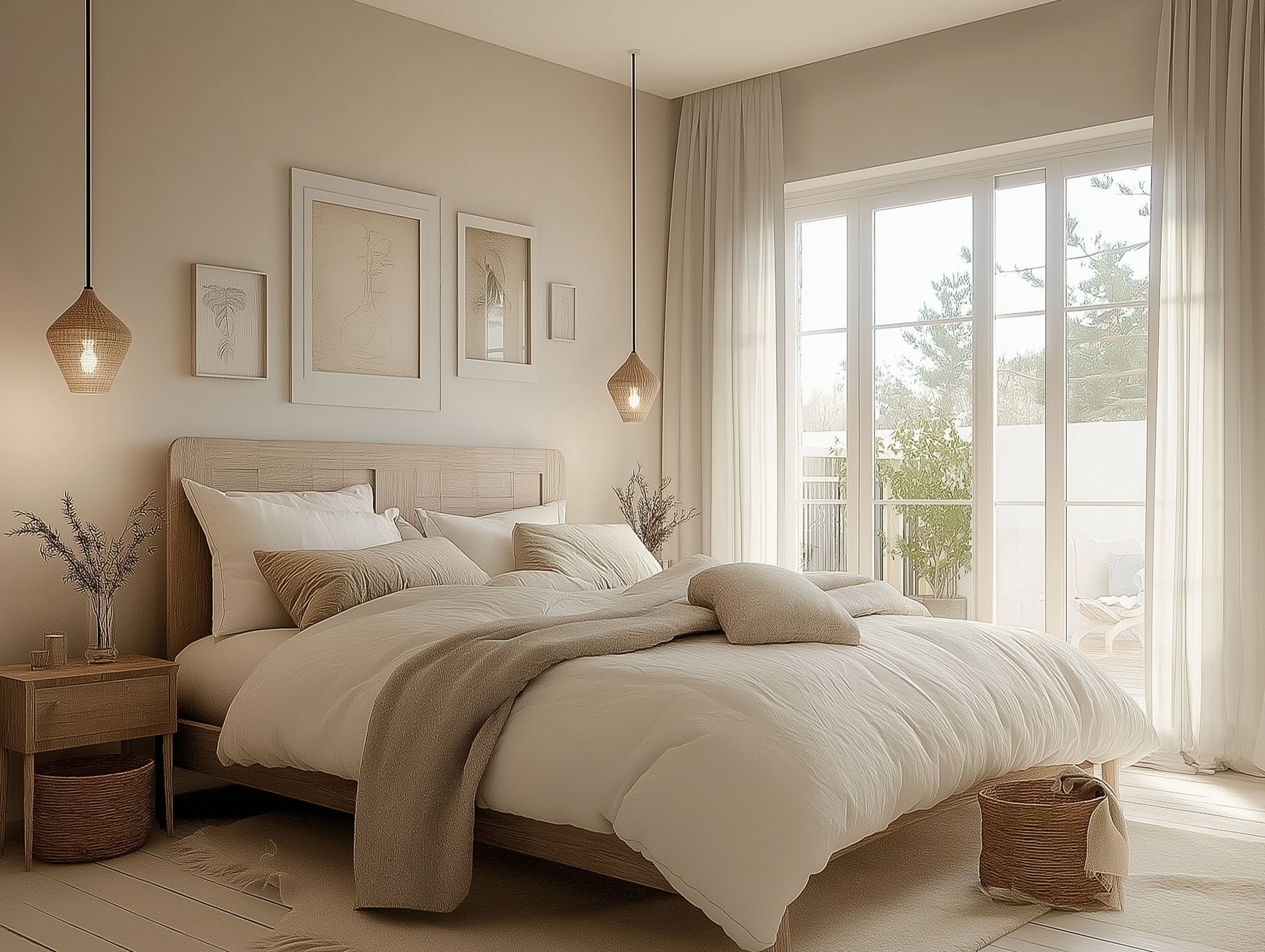 Neutral bedroom featuring a wooden minimalist bed frame, creamy white bedding, taupe accent pillows, rattan pendant lights, and a cozy woven basket by the side.