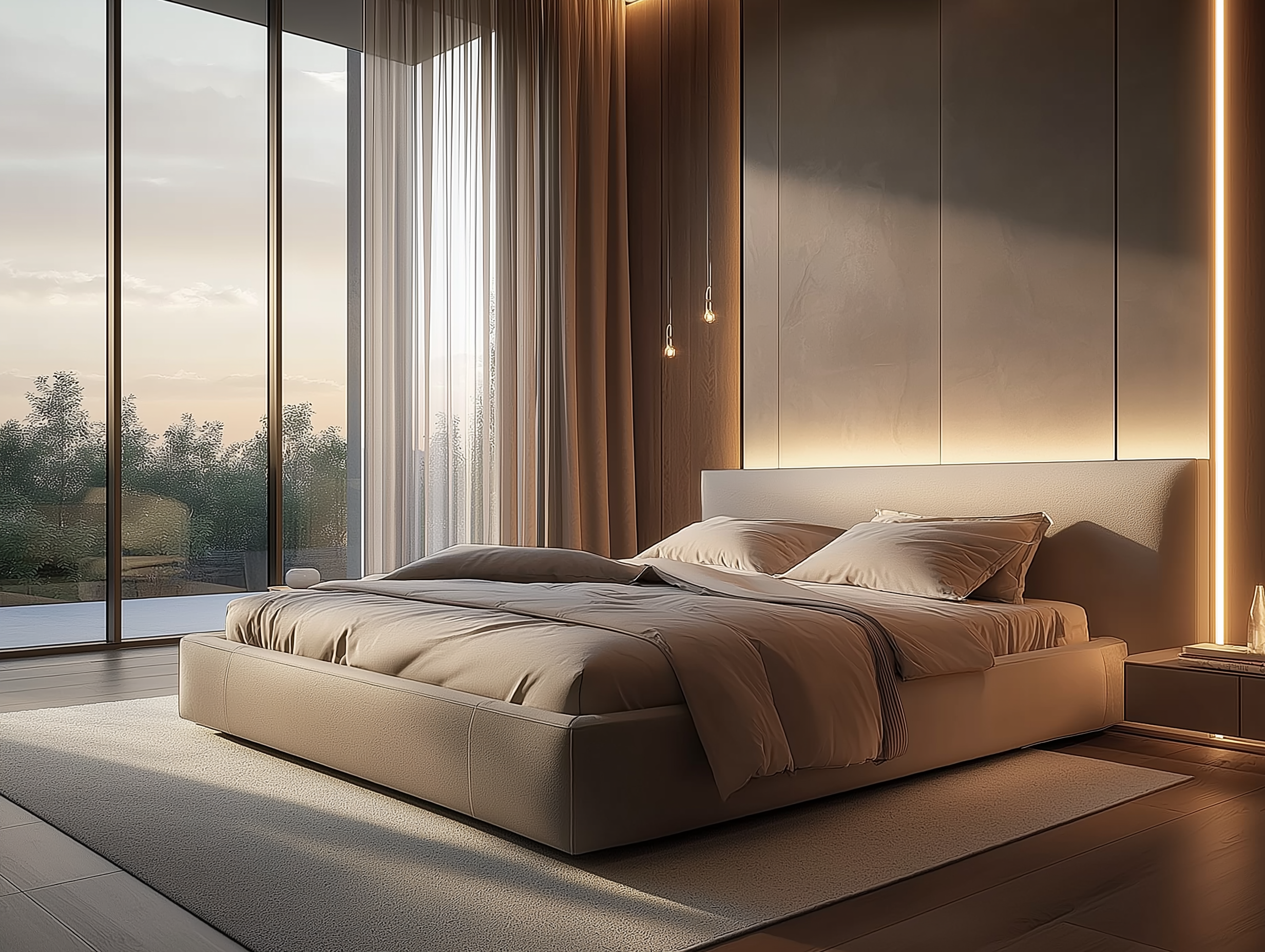 Minimalist bedroom with a low-profile taupe bed, glowing wall paneling, dramatic floor-to-ceiling windows, and pendant lighting that redefines cozy luxury.