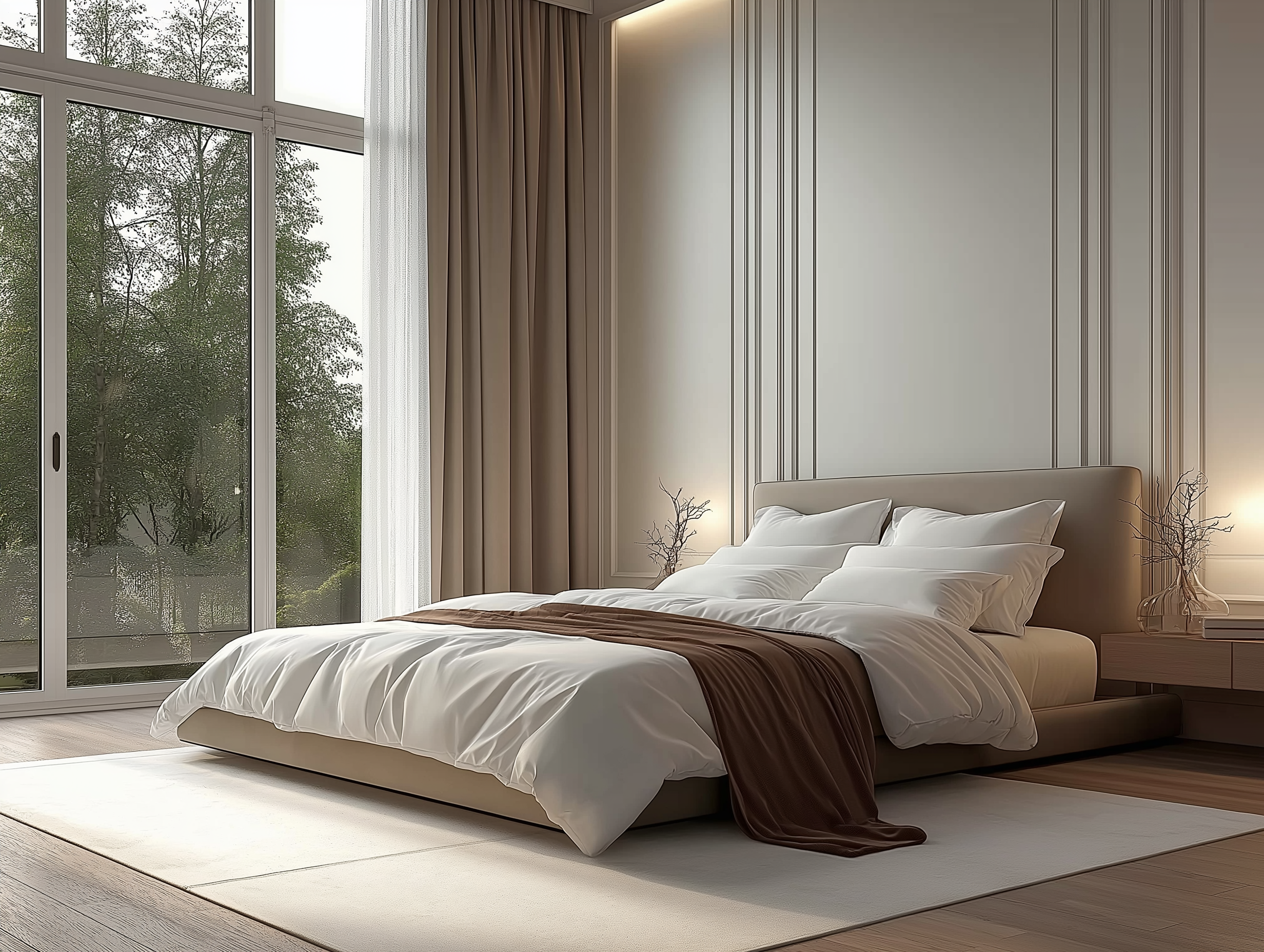 Elegant minimalist bedroom with soft wall paneling, an upholstered low-profile bed, warm bedside lighting, and serene neutral tones.