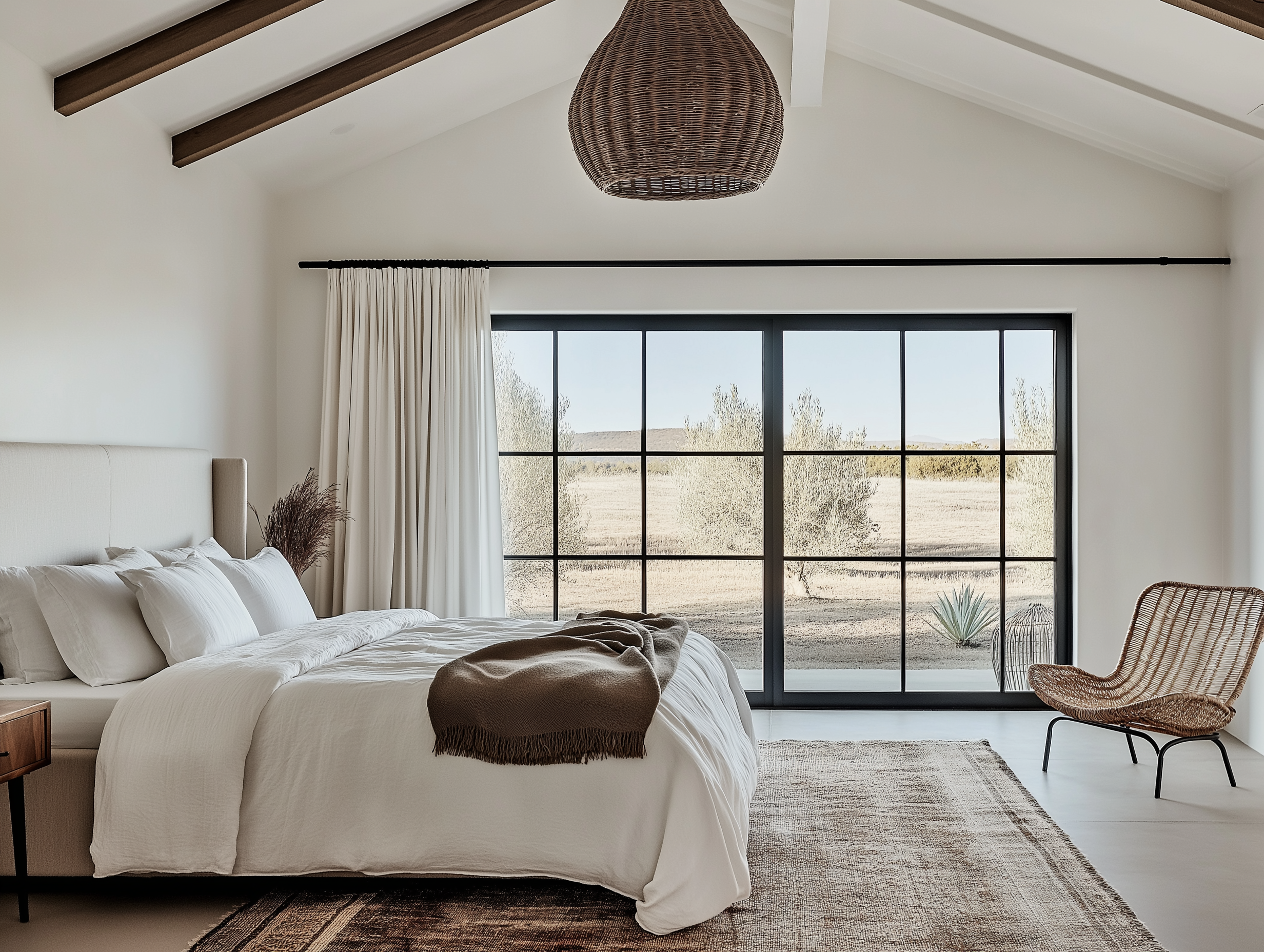 Modern rustic bedroom featuring white bedding, warm brown throw, woven chair, and large windows overlooking a scenic countryside.