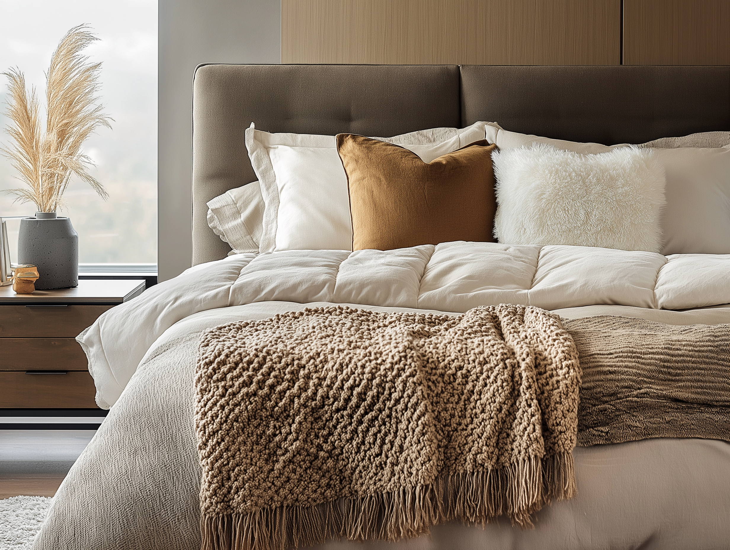 Modern cozy bedroom featuring layered neutral bedding, golden-brown accent pillows, fluffy white pillow, chunky knit throw, and pampas grass in a ceramic vase.
