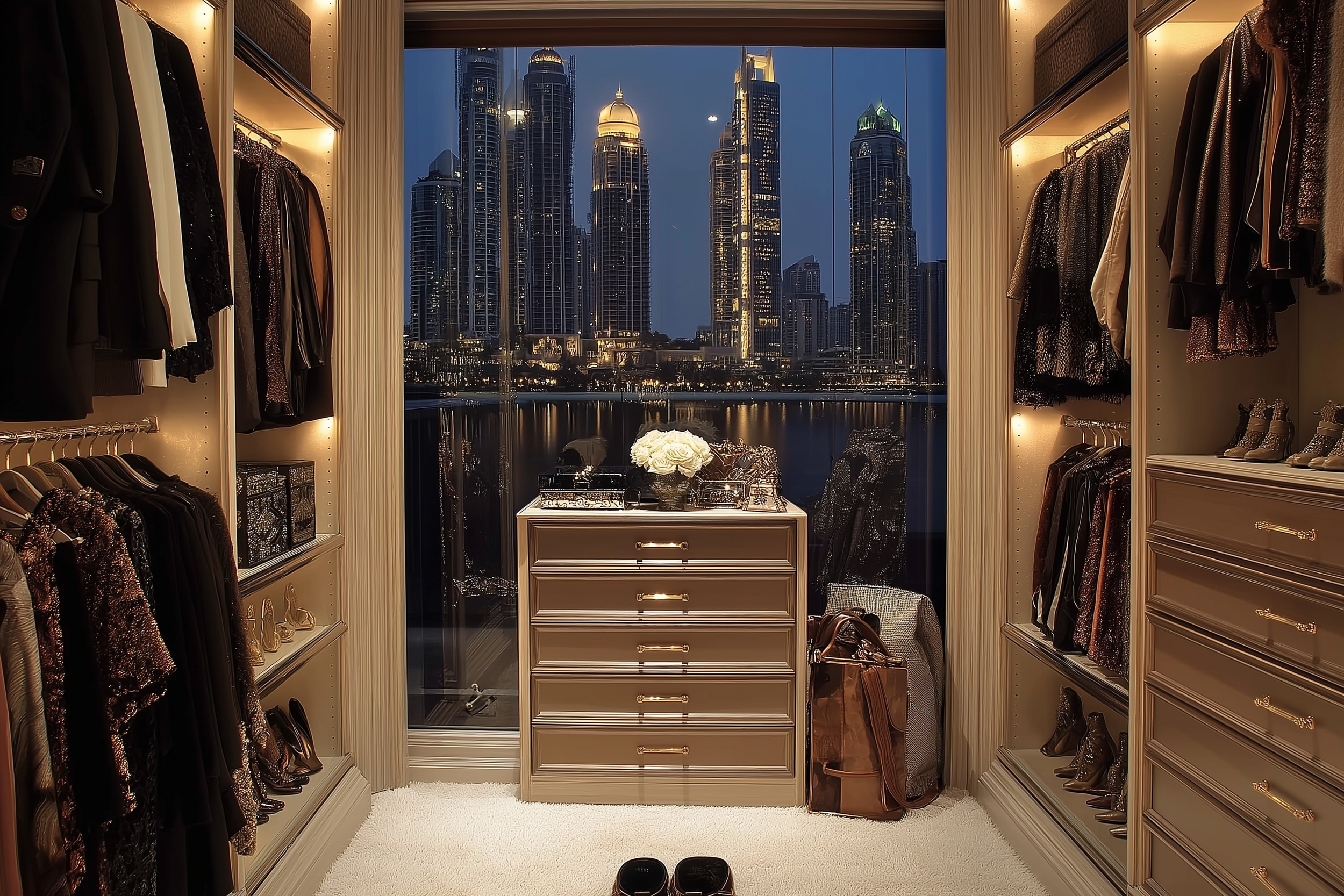 Luxury walk-in closet with floor-to-ceiling windows overlooking a nighttime city skyline, featuring illuminated shelves, elegant clothing racks, and a central neutral-toned dresser.