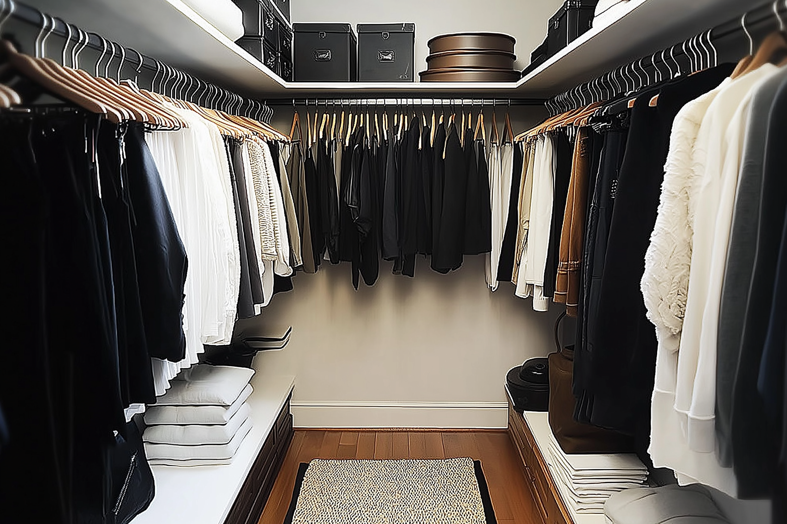 Modern walk-in closet with monochrome clothing neatly organized on racks, sleek storage boxes on shelves, and folded linens on benches, showcasing a clean and minimalist design.