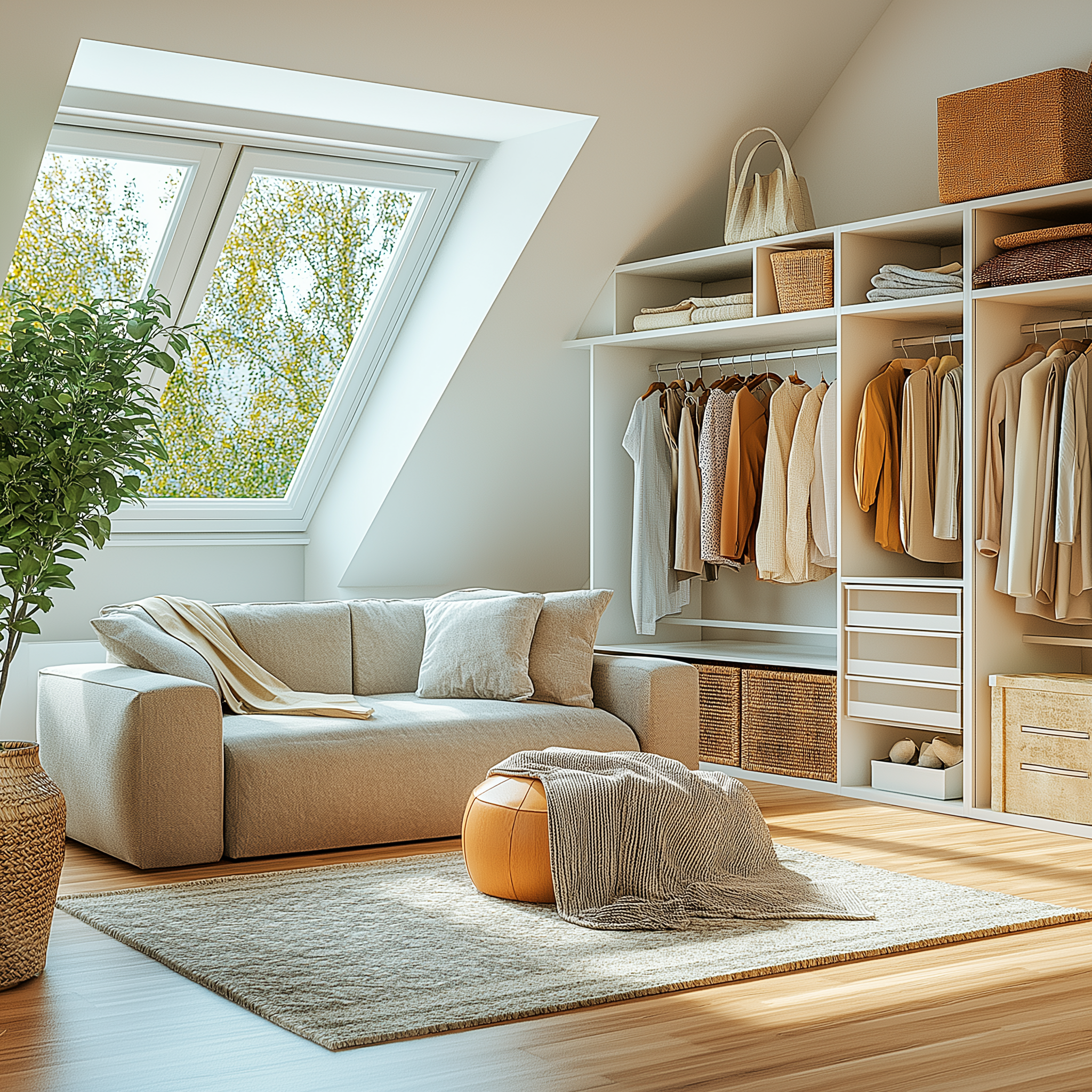 Attic walk-in closet with a modern design featuring open shelving, hanging clothes, a neutral sofa, skylight window, leather pouf, and woven storage baskets.
