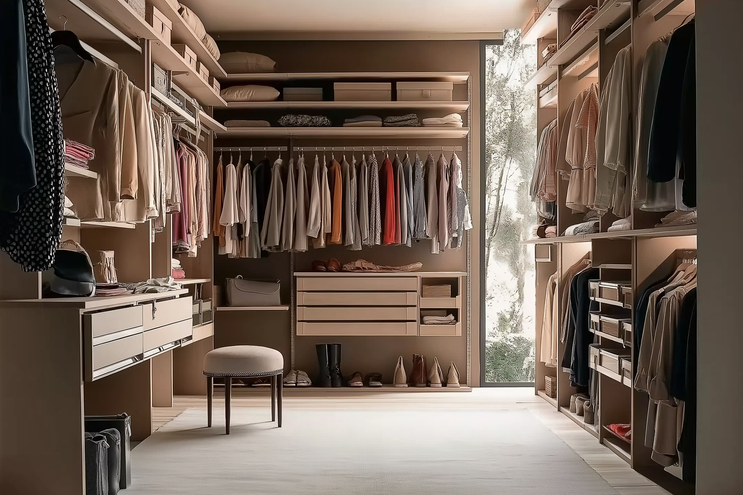 Modern luxury walk-in closet featuring neutral tones, open shelving, organized hanging clothes, a beige upholstered stool, natural light from a vertical window, and sleek storage compartments.