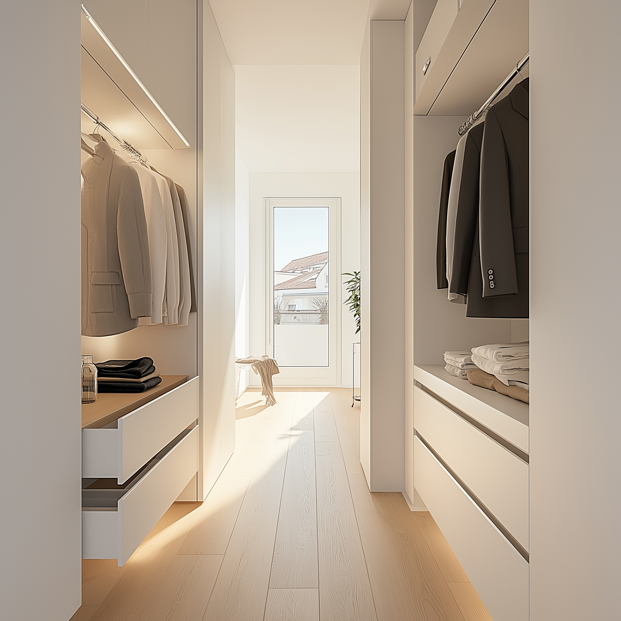 Minimalist walk-in closet with neutral tones, sleek white cabinetry, under-shelf LED lighting, organized hanging clothes, natural light streaming through a glass door, and light wooden flooring.